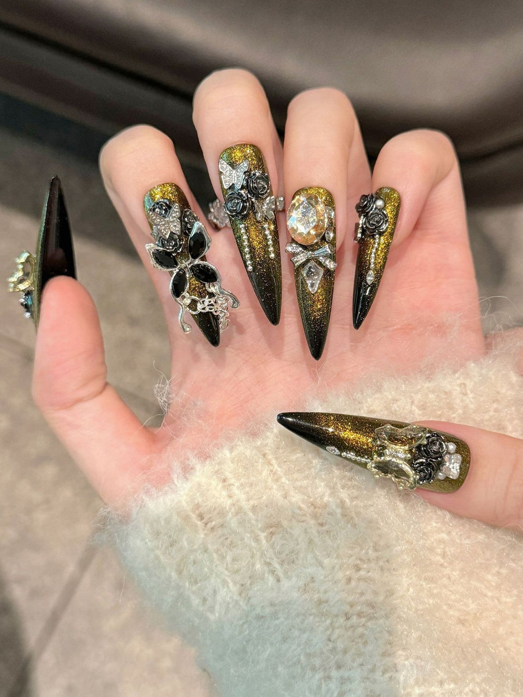Opulent 3D Embellished Long Stiletto Style with Gold - Black Glitter, Roses, Butterflies & Crystal Accents Press-On Nails PN030