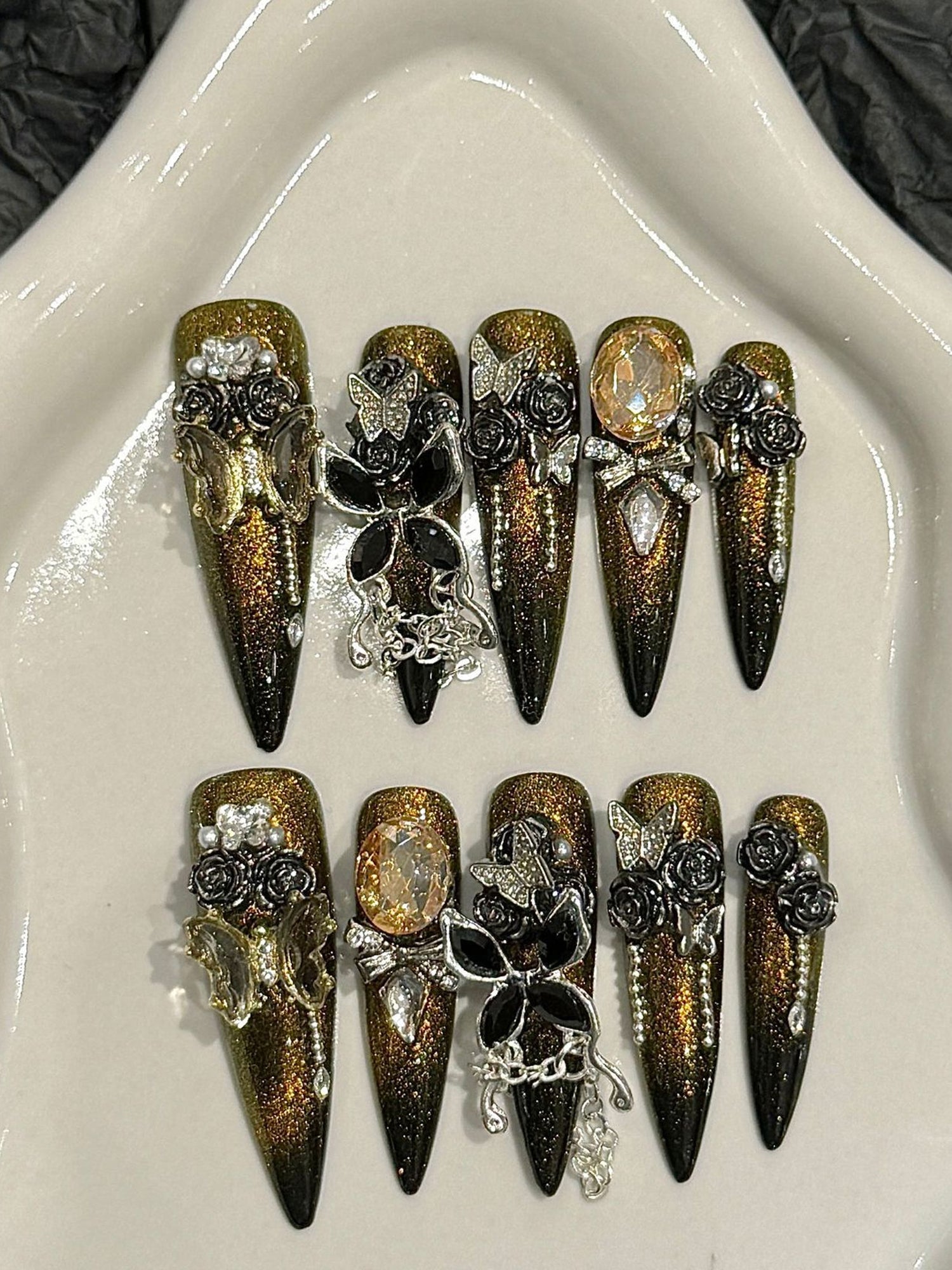 Opulent 3D Embellished Long Stiletto Style with Gold - Black Glitter, Roses, Butterflies & Crystal Accents Press-On Nails PN030