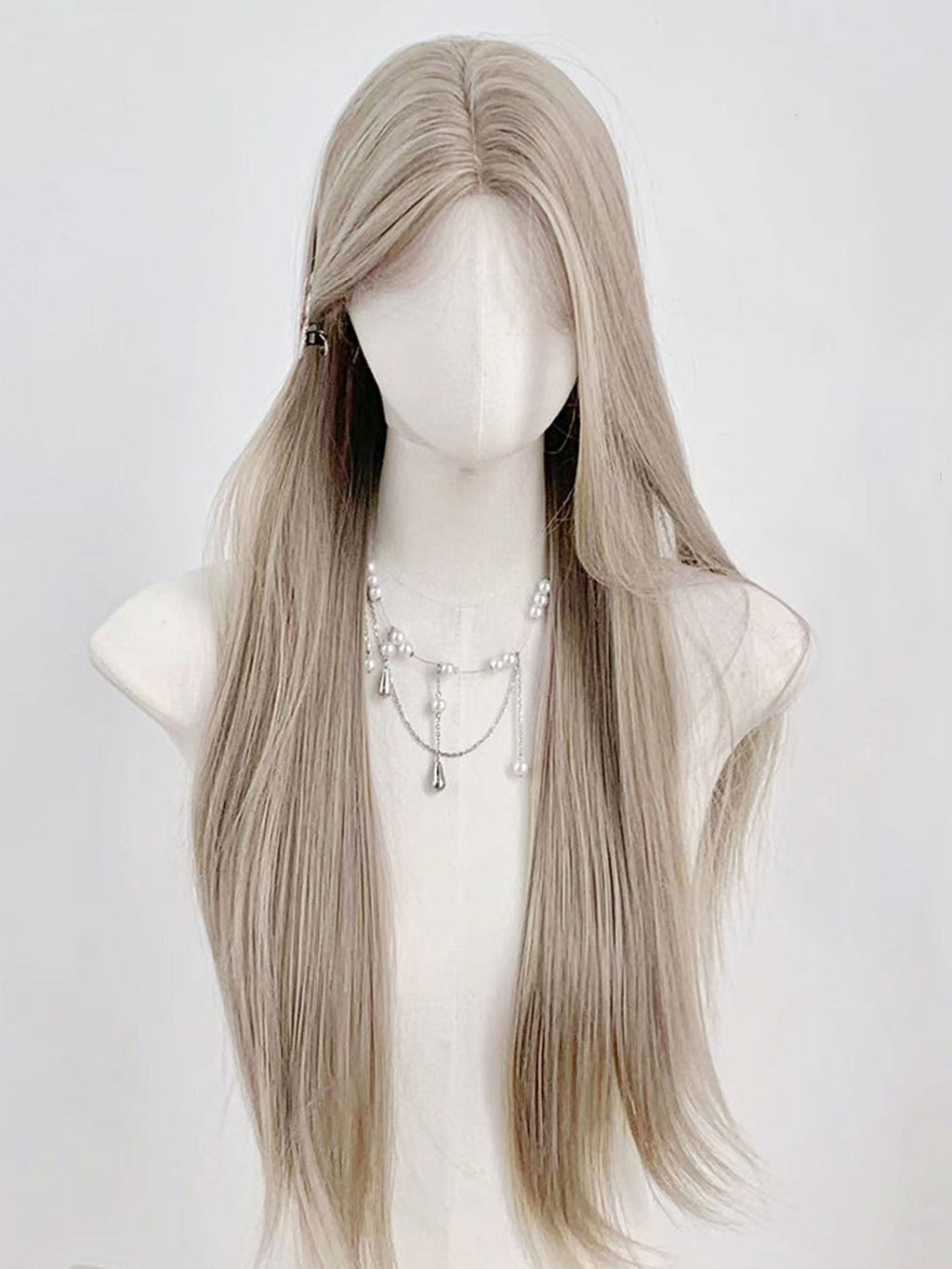 28" Cream Grey Blonde Straight Fashion Synthetic Hair Wig QS025