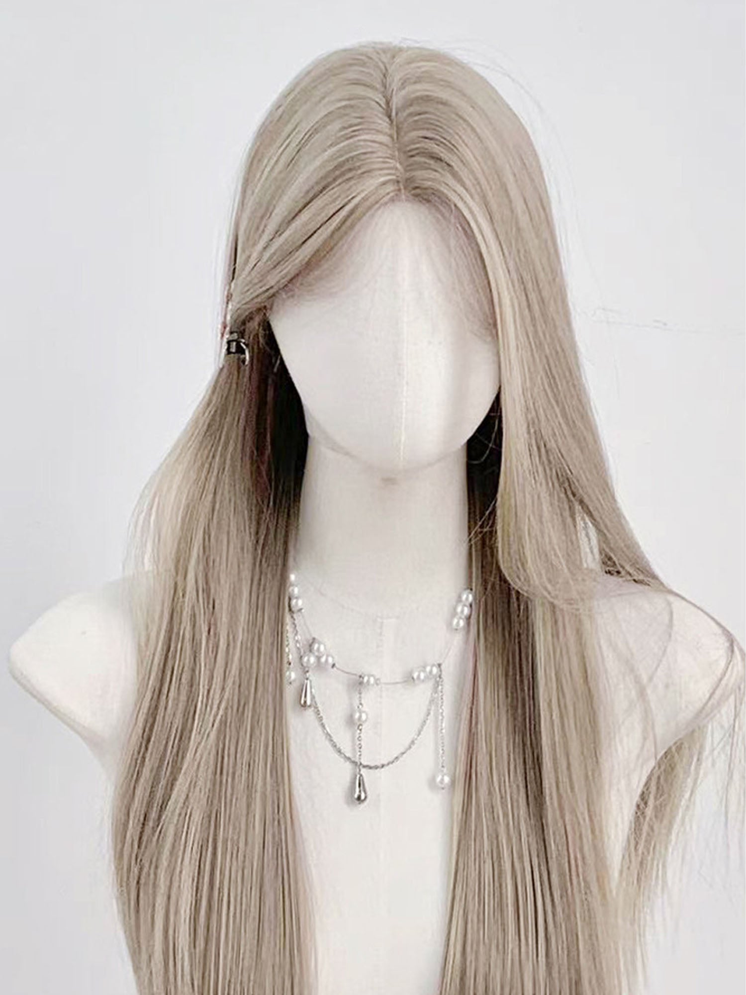 28" Cream Grey Blonde Straight Fashion Synthetic Hair Wig QS025