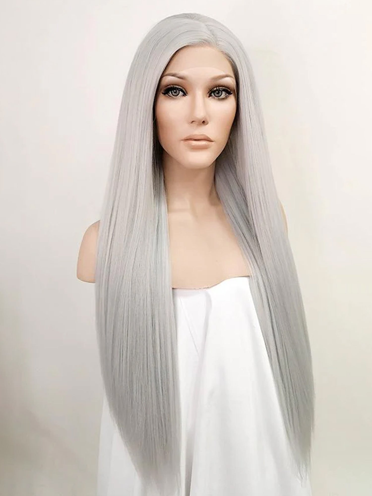 30" Silver Grey Yaki Lace Front Synthetic Wig 10017
