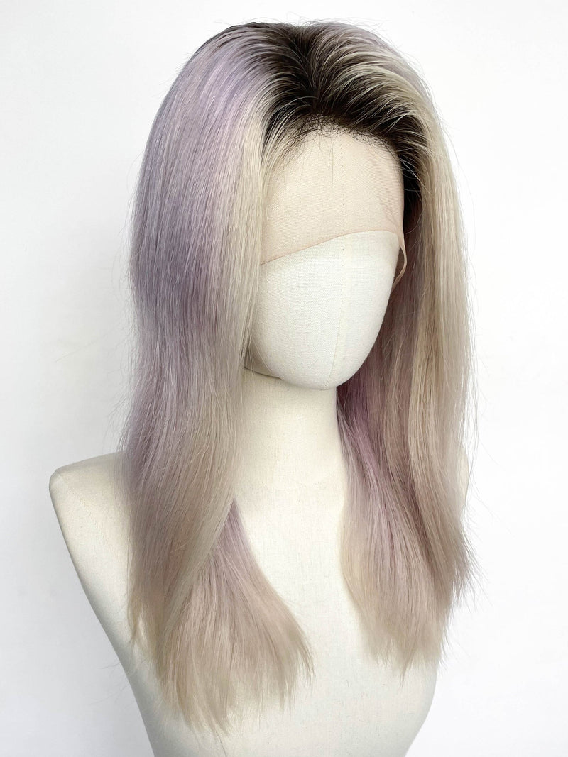 22" Long Straight Purple Mixed Grey With Dark Roots Full Lace Remy Human Hair HHC078
