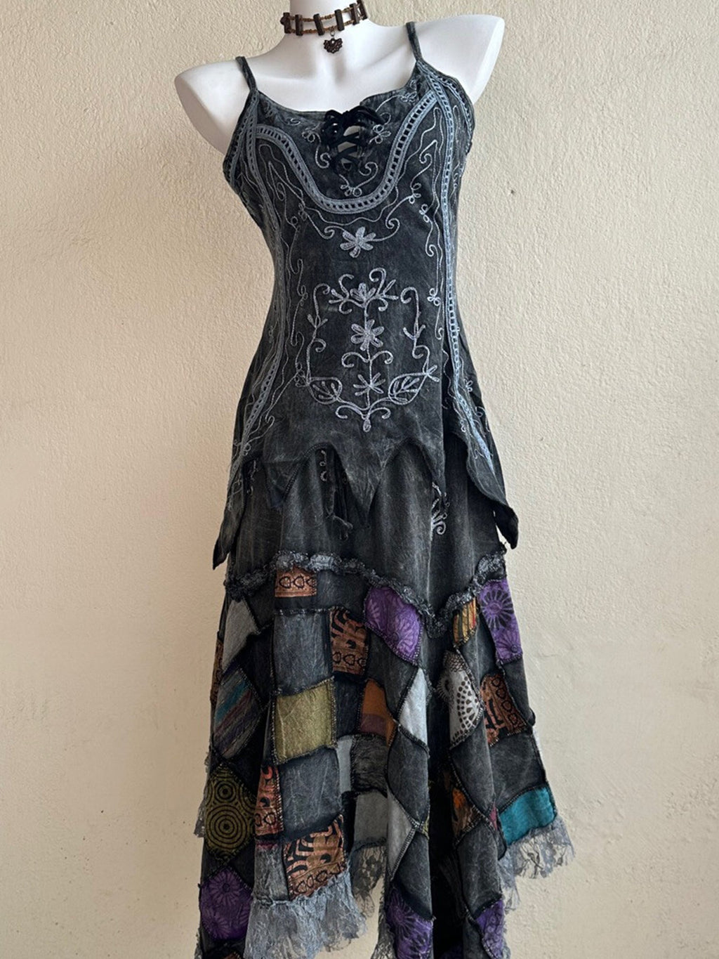 Nepal Hand-Embroidered Dyed Hippie Fairy Style Patchwork Plaid Maxi Dress XC002