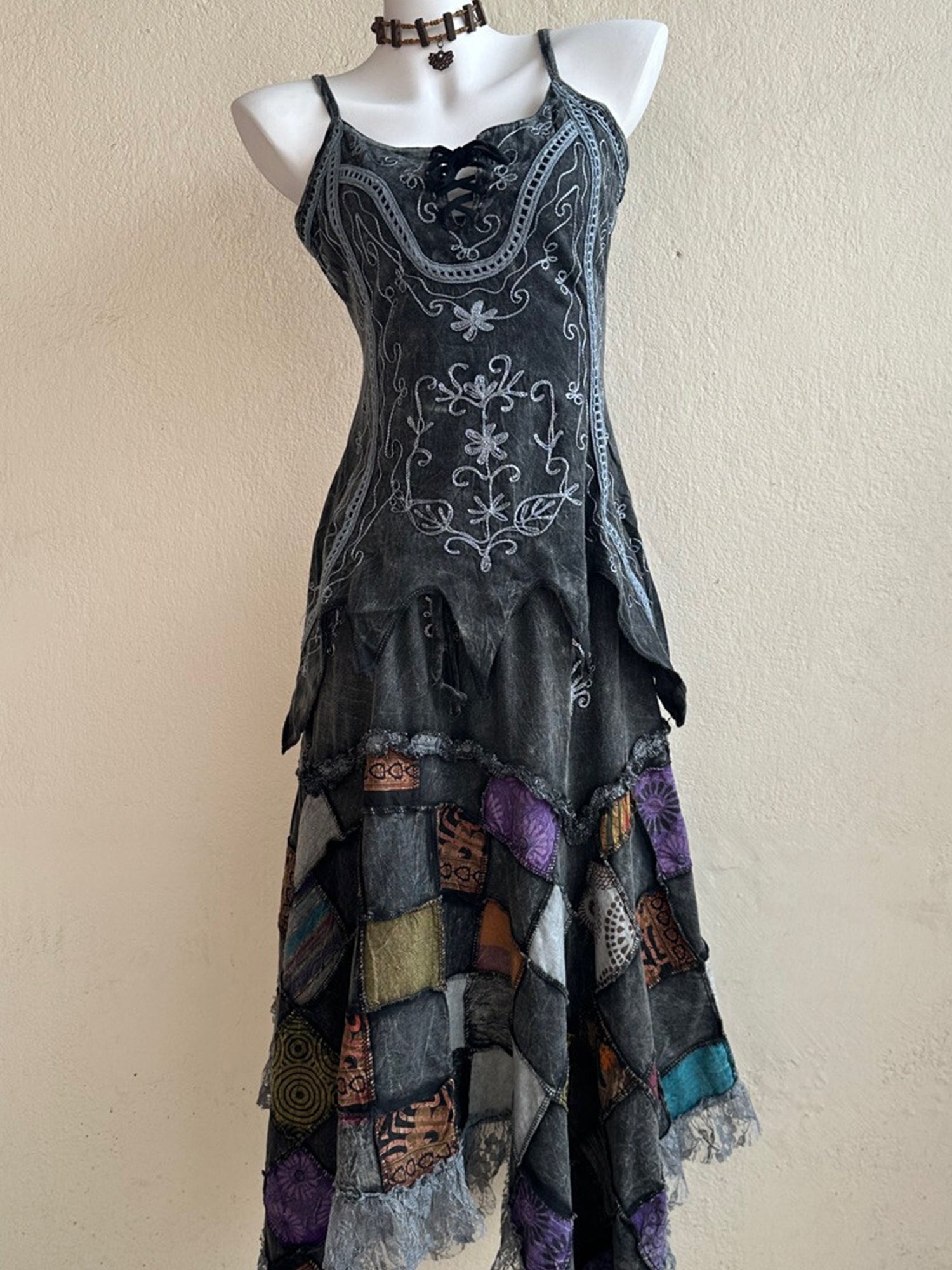 Nepal Hand-Embroidered Dyed Hippie Fairy Style Patchwork Plaid Maxi Dress XC002