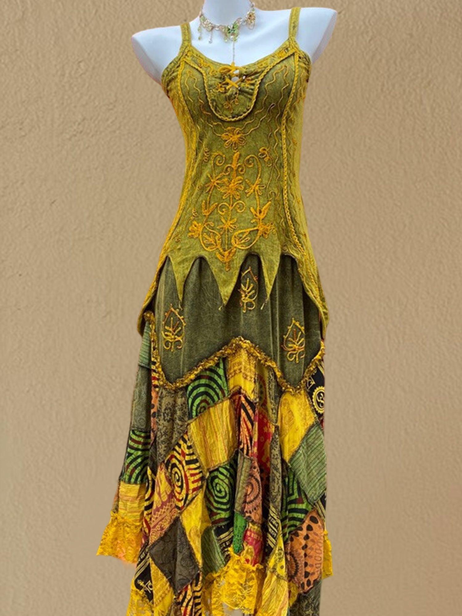 Nepal Hand-Embroidered Dyed Hippie Fairy Style Patchwork Plaid Maxi Dress XC002