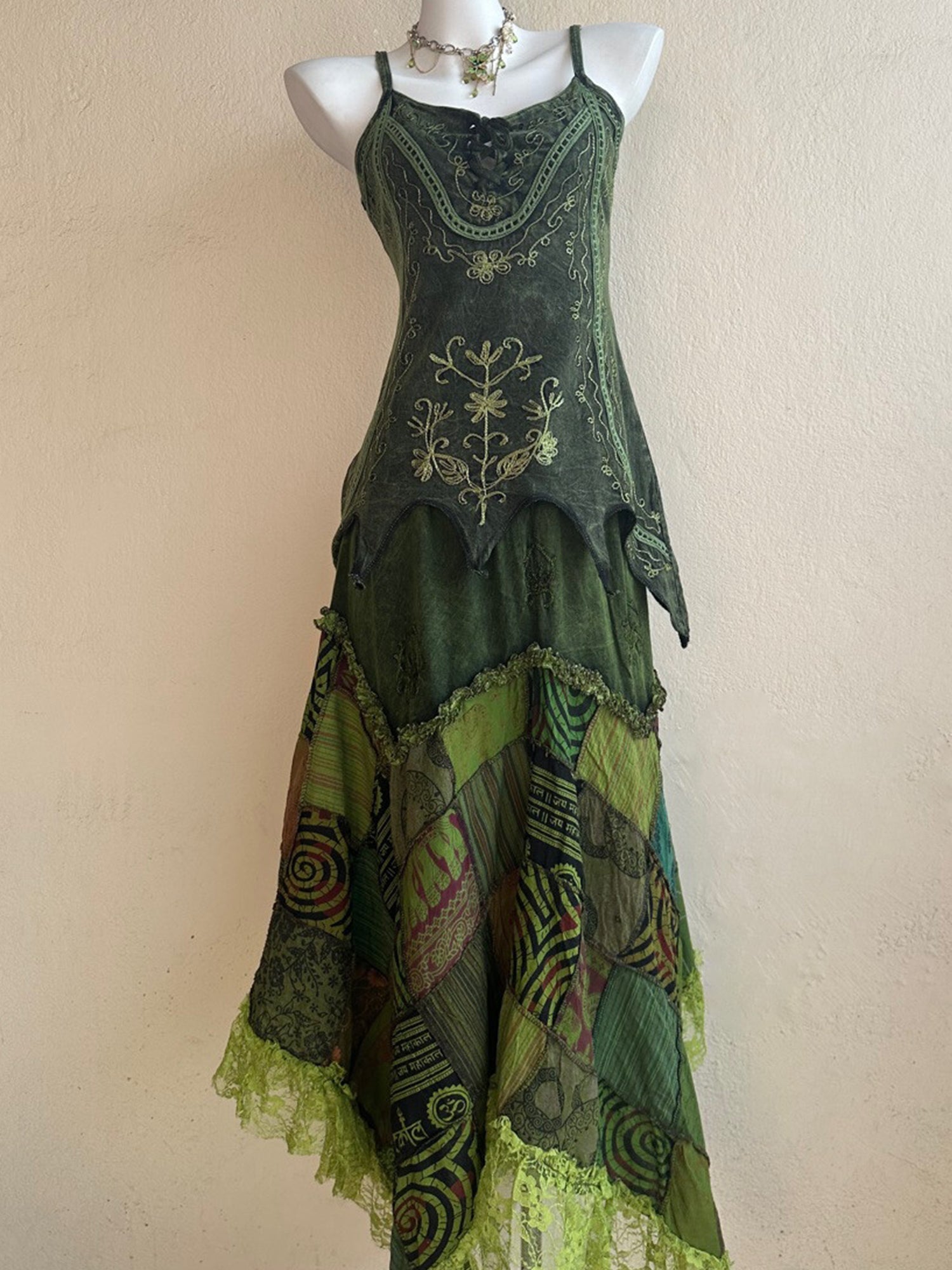 Nepal Hand-Embroidered Dyed Hippie Fairy Style Patchwork Plaid Maxi Dress XC002