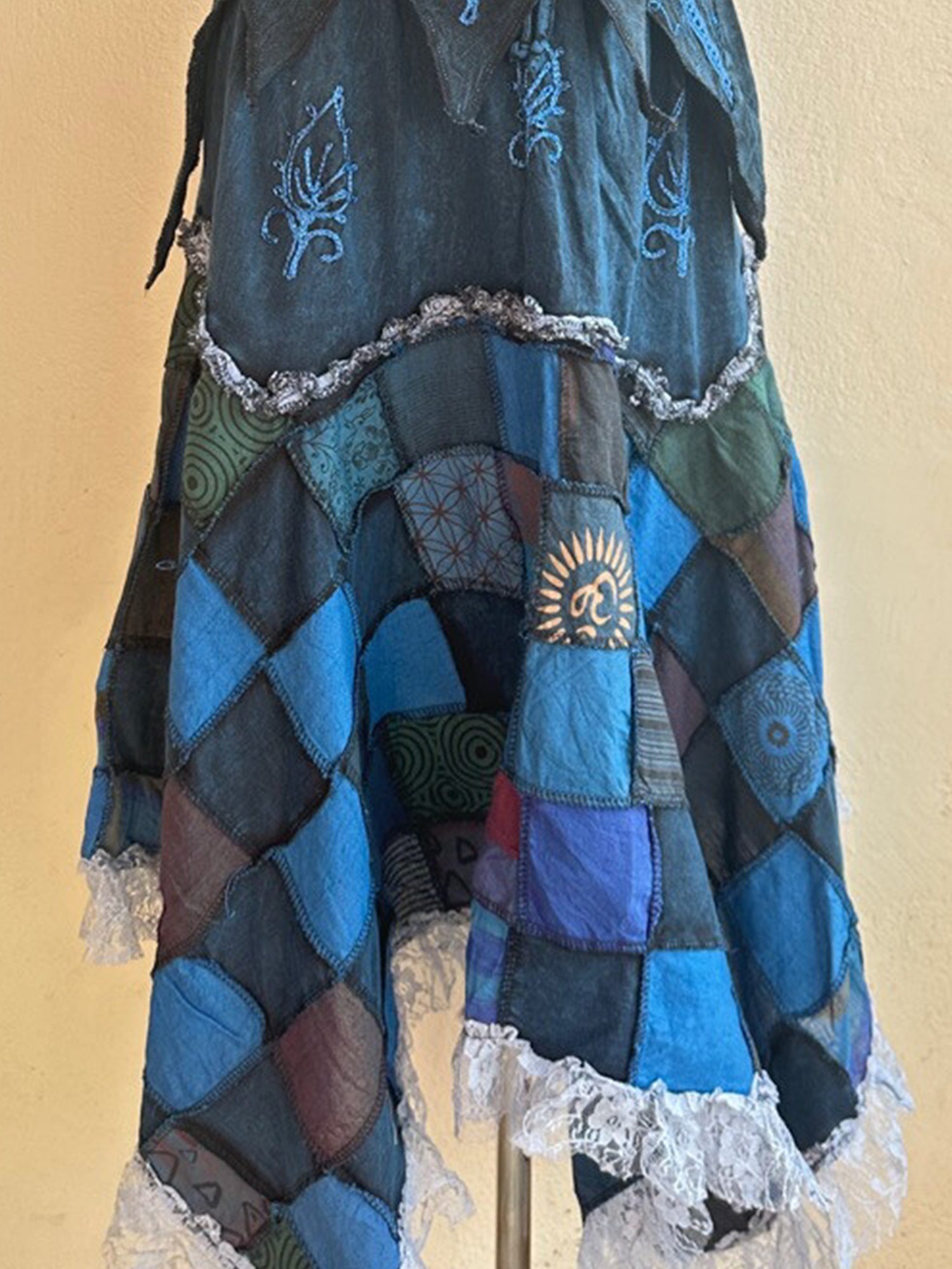 Nepal Hand-Embroidered Dyed Hippie Fairy Style Patchwork Plaid Maxi Dress XC002
