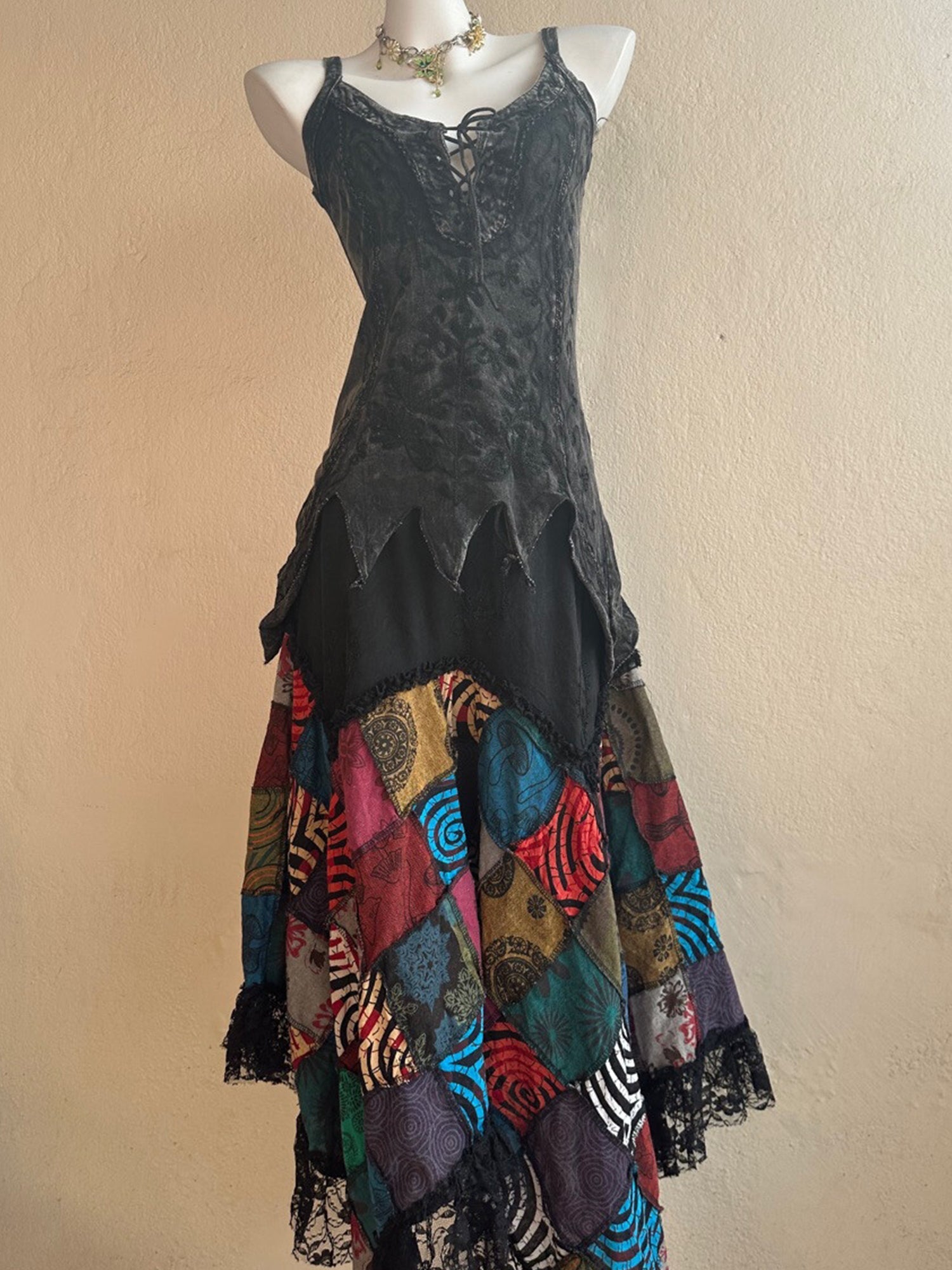 Nepal Hand-Embroidered Dyed Hippie Fairy Style Patchwork Plaid Maxi Dress XC002