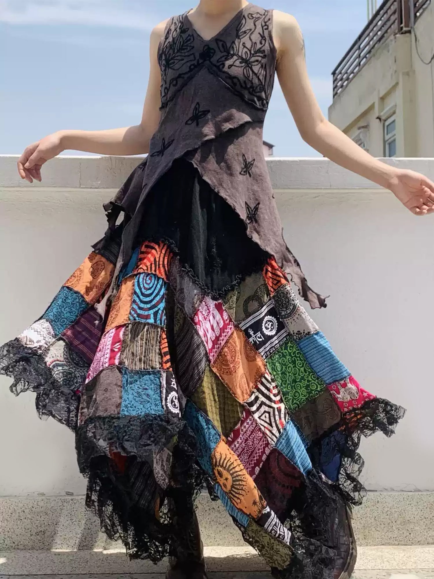 Hippie Hand-Embroidered Patchwork Cotton Straps Half Dress Set XC018