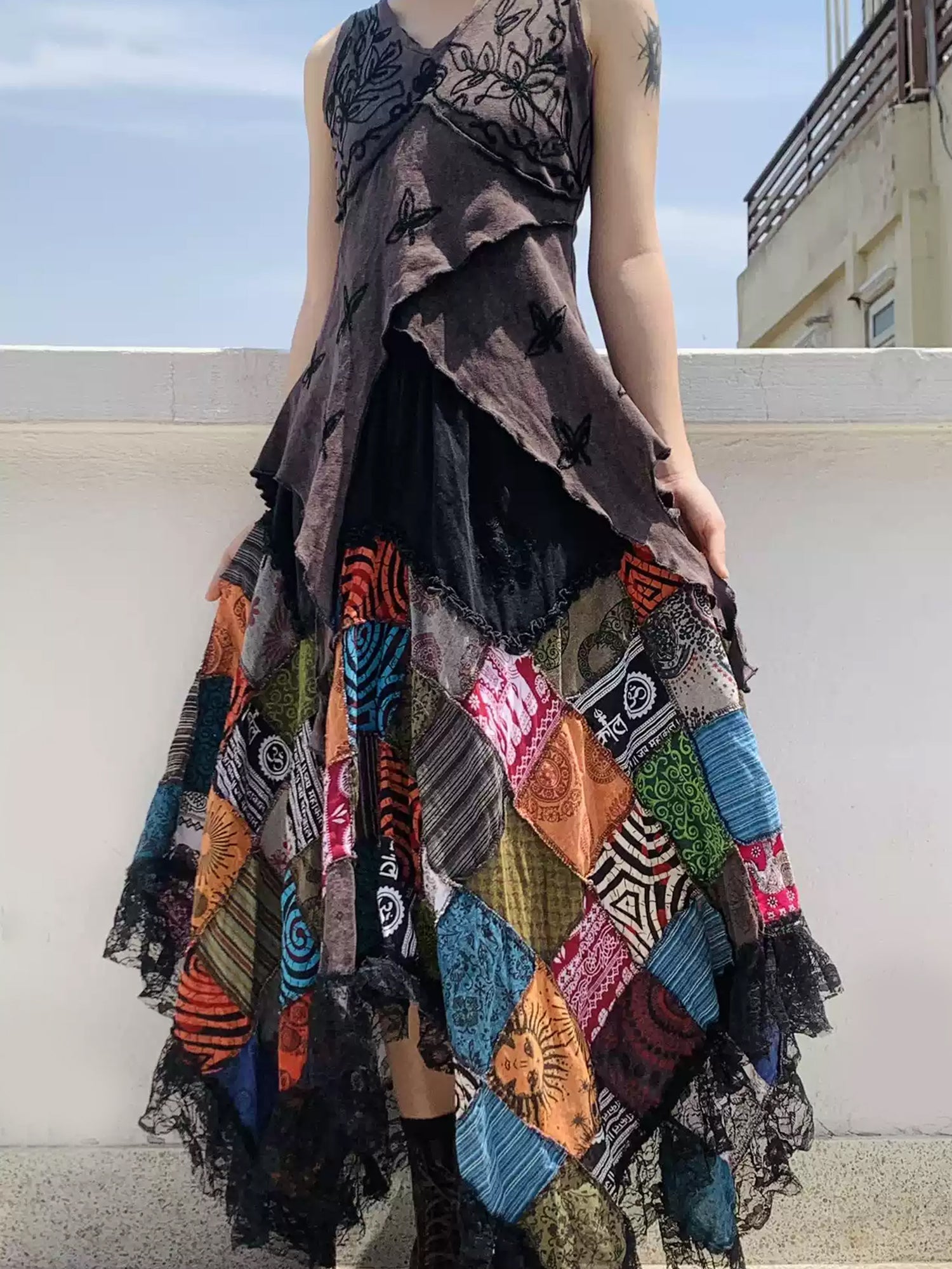 Hippie Hand-Embroidered Patchwork Cotton Straps Half Dress Set XC018