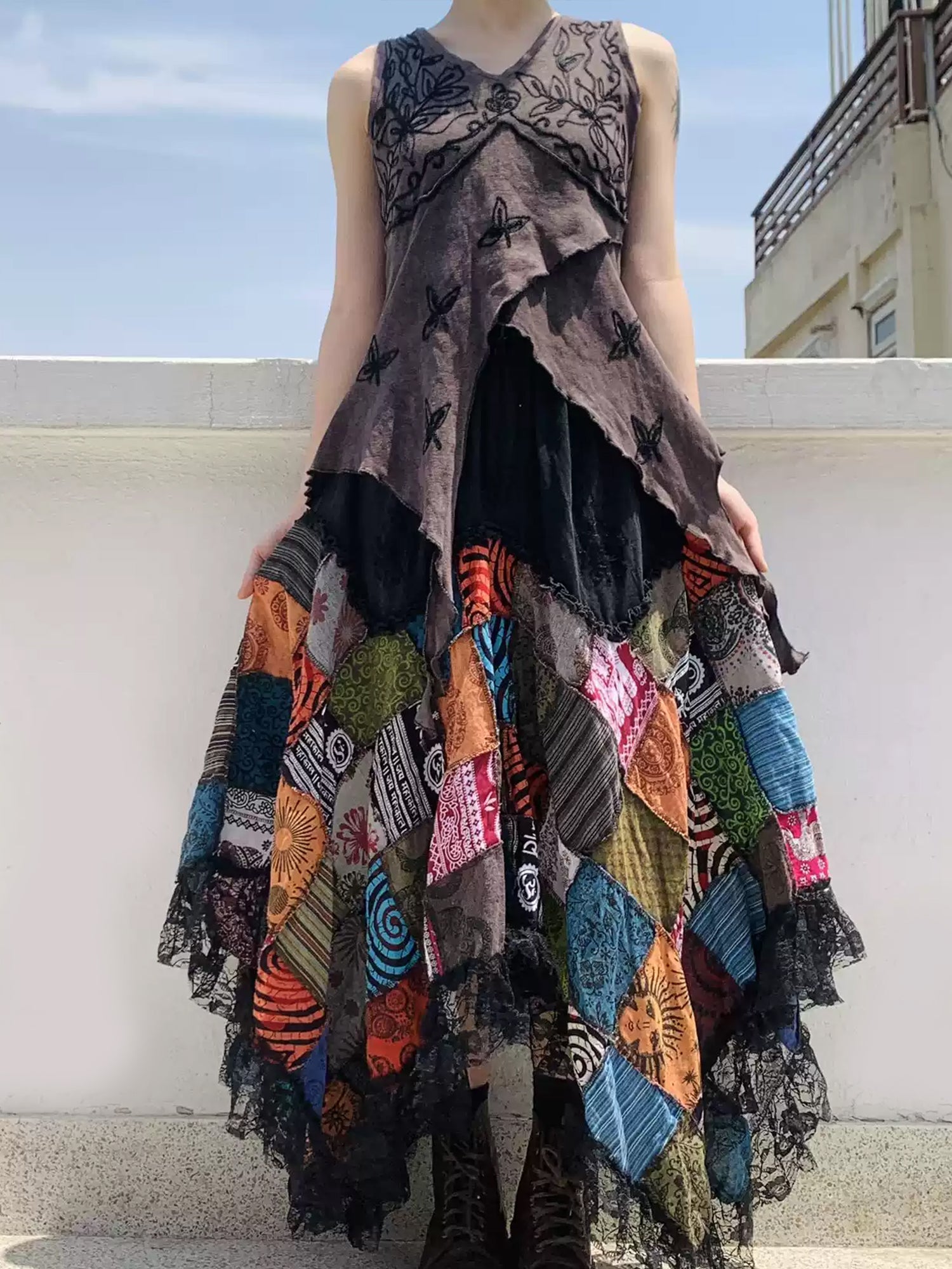 Hippie Hand-Embroidered Patchwork Cotton Straps Half Dress Set XC018