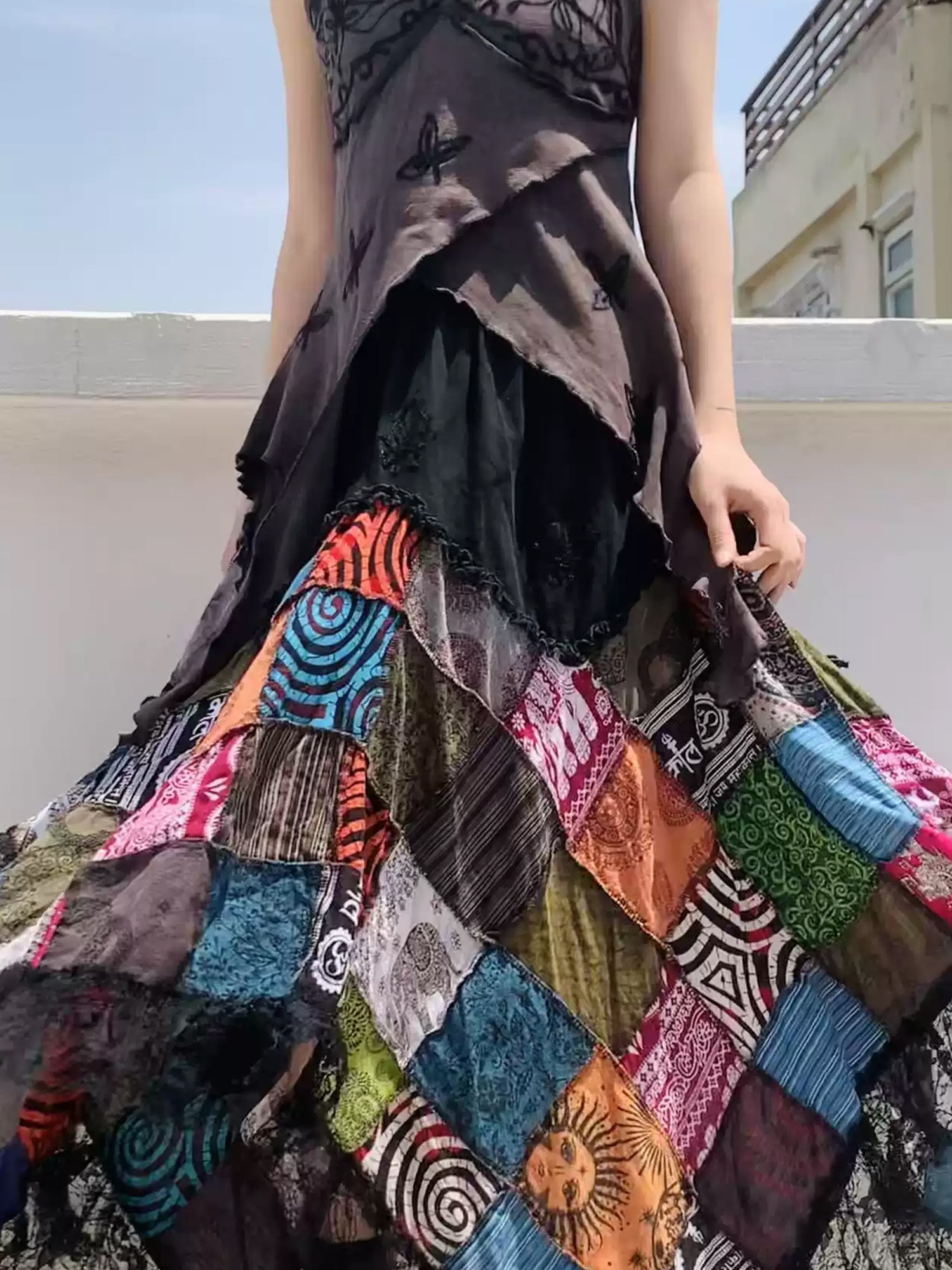 Hippie Hand-Embroidered Patchwork Cotton Straps Half Dress Set XC018