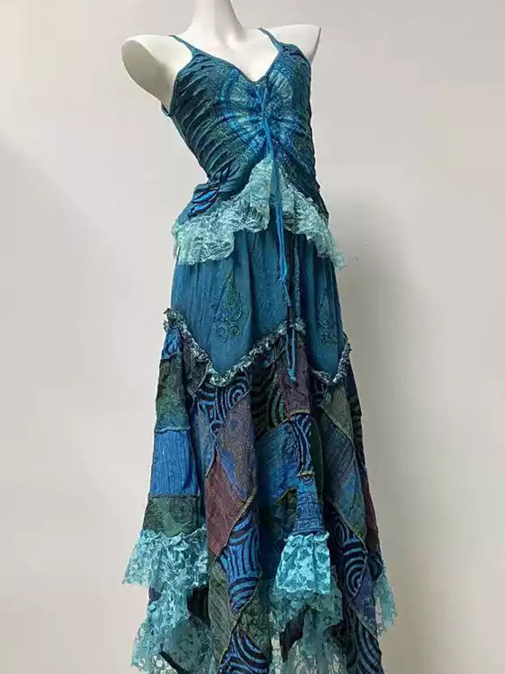 Nepalese Hand-Dyed Hippie Fairycore Patchwork Cotton Straps Half Dress Set XC019