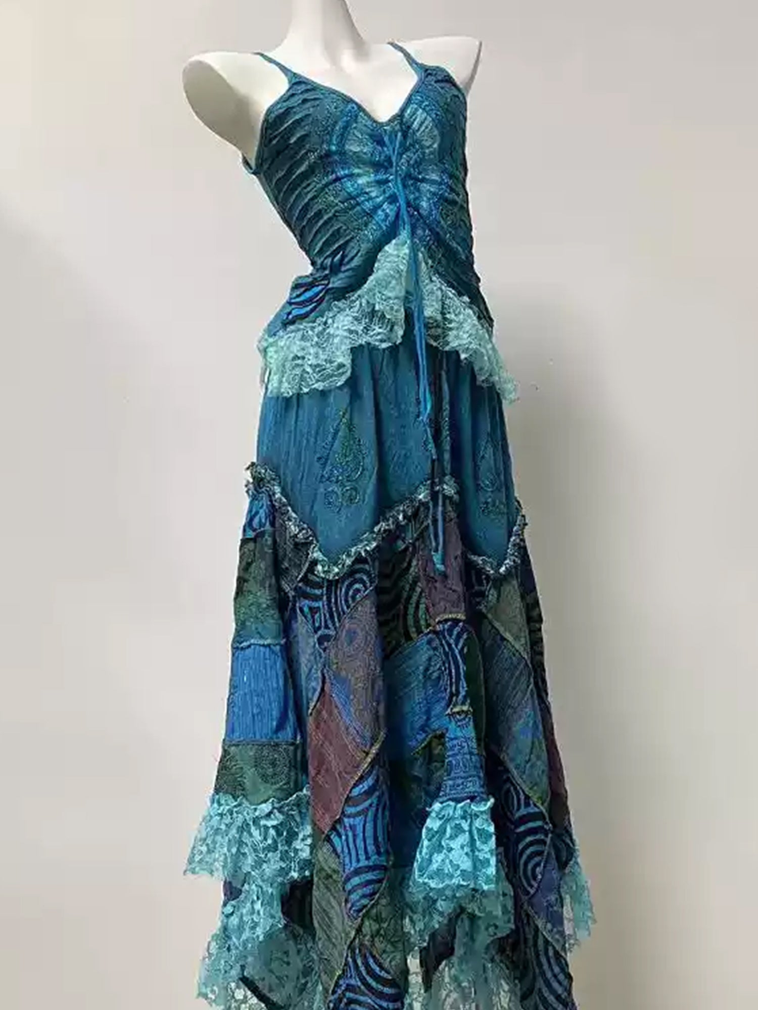 Nepalese Hand-Dyed Hippie Fairycore Patchwork Cotton Straps Half Dress Set XC019