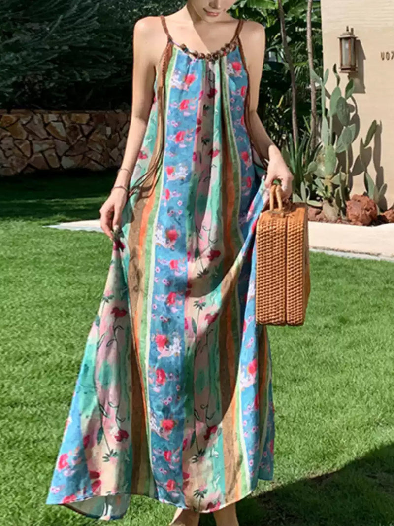 Boho Floral Striped Maxi Dress XC034