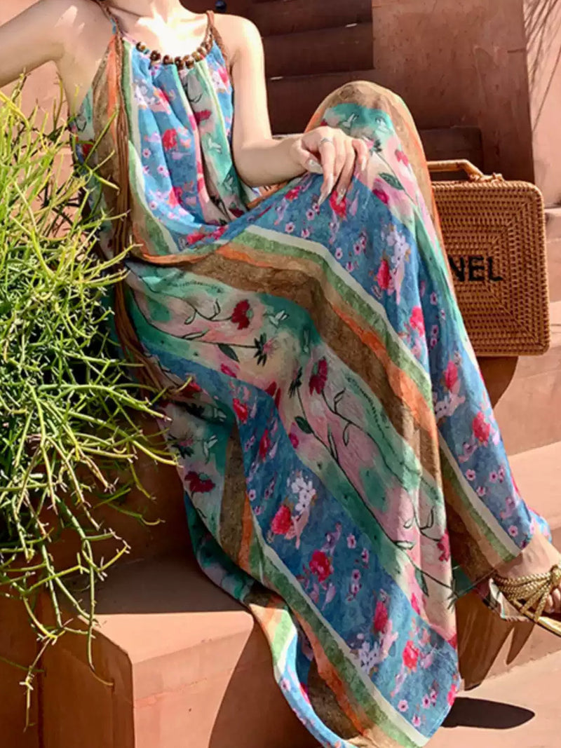 Boho Floral Striped Maxi Dress XC034