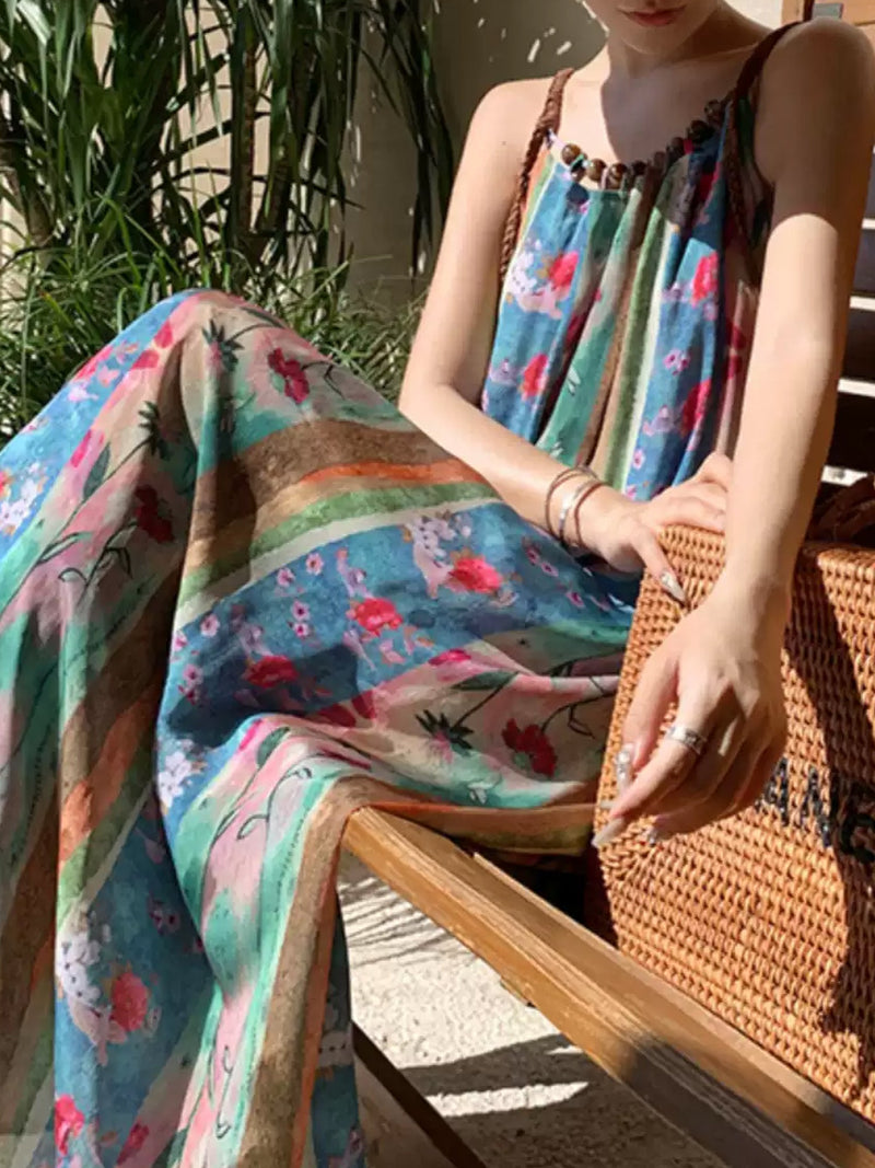 Boho Floral Striped Maxi Dress XC034