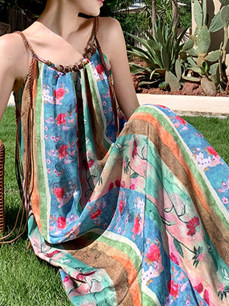 Boho Floral Striped Maxi Dress XC034
