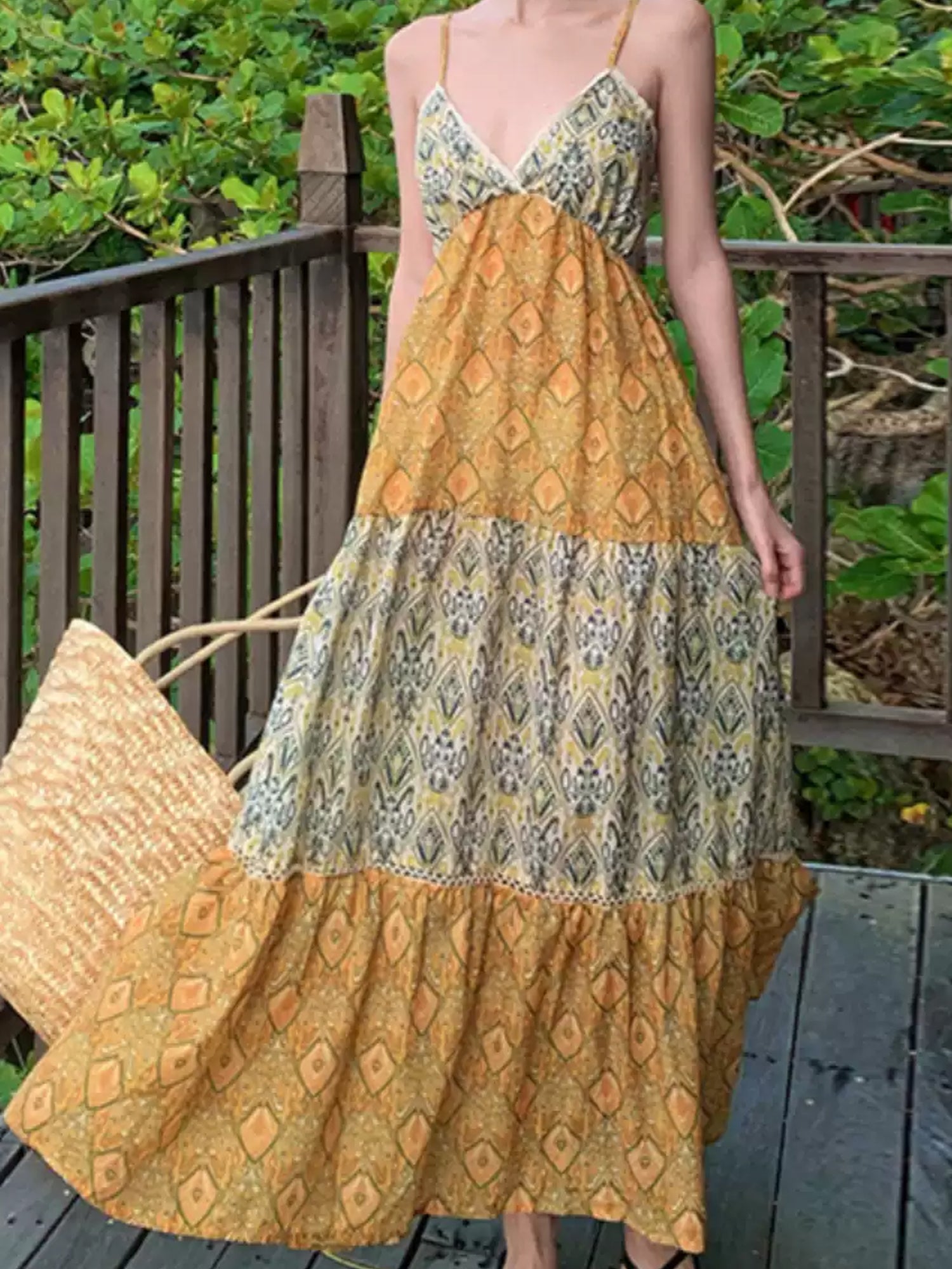Bohemian Print Patchwork Tiered Maxi Dress XC035