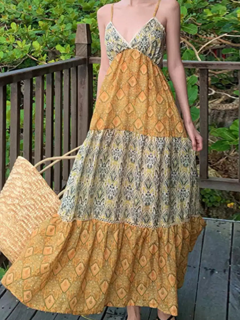 Bohemian Print Patchwork Tiered Maxi Dress XC035