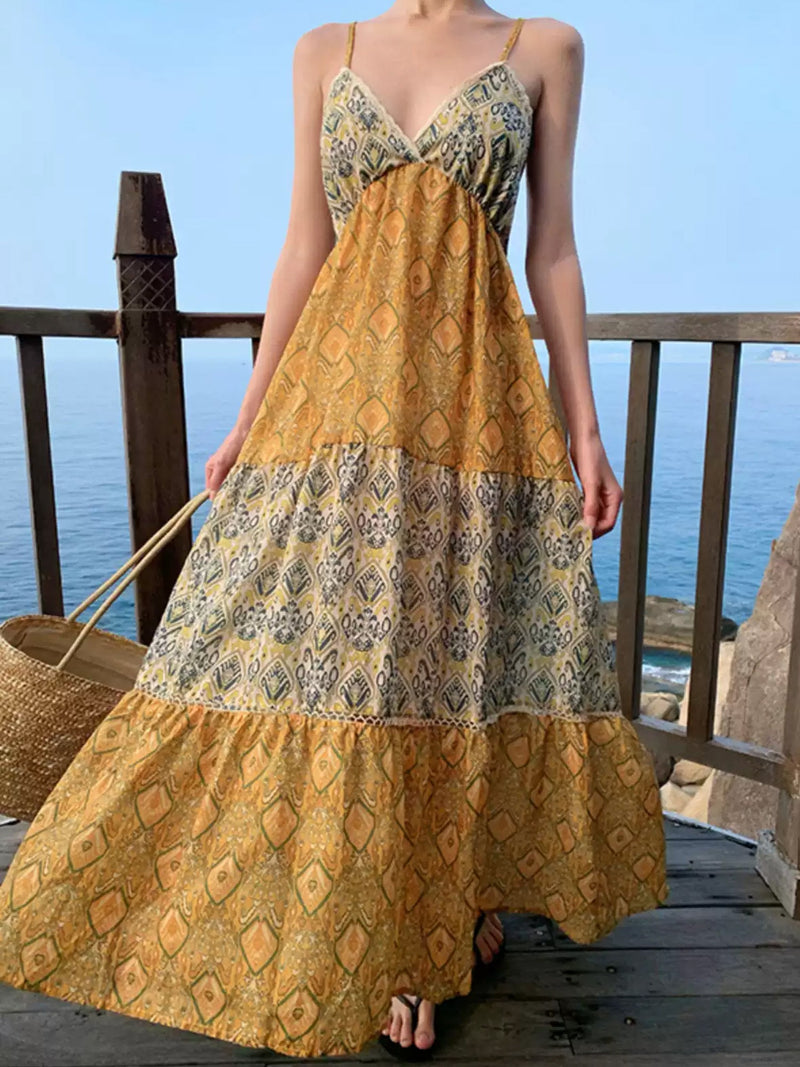 Bohemian Print Patchwork Tiered Maxi Dress XC035