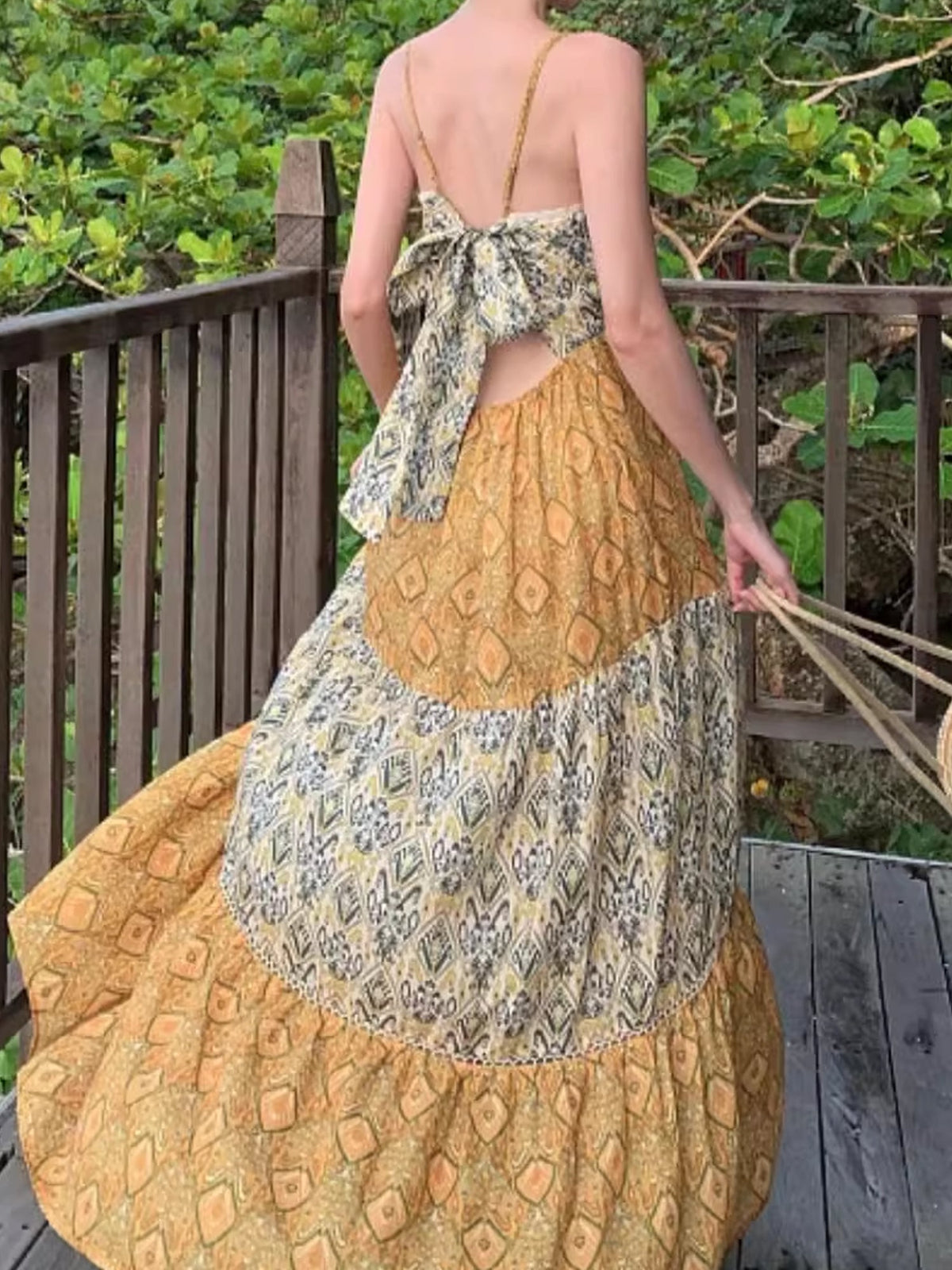 Bohemian Print Patchwork Tiered Maxi Dress XC035