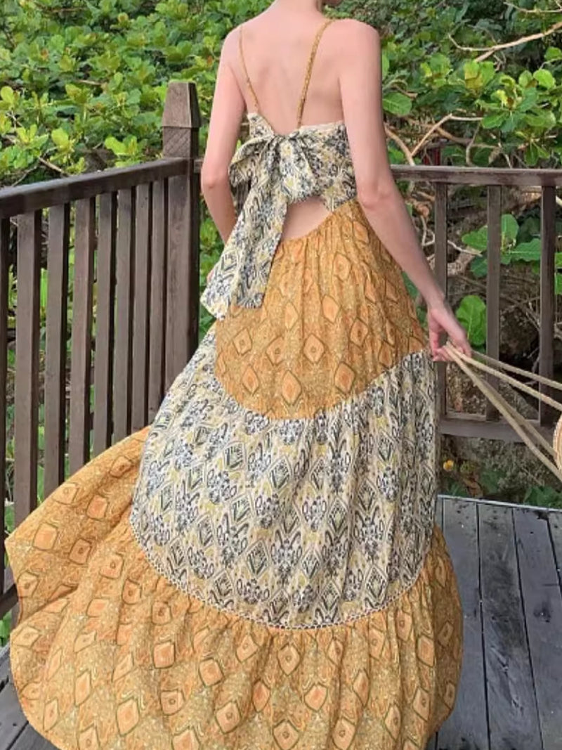 Bohemian Print Patchwork Tiered Maxi Dress XC035
