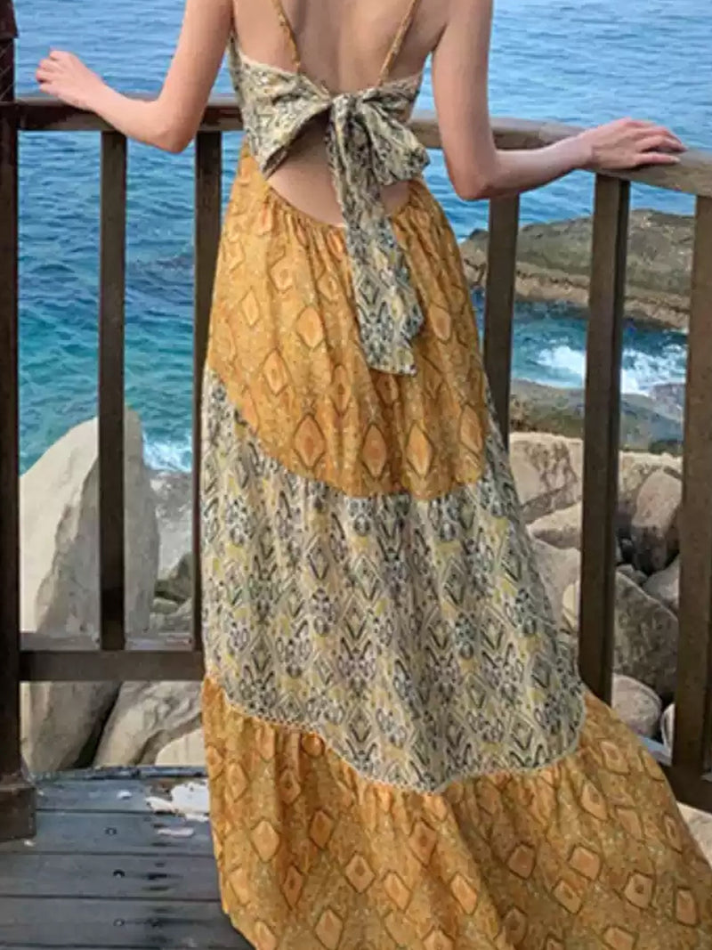 Bohemian Print Patchwork Tiered Maxi Dress XC035
