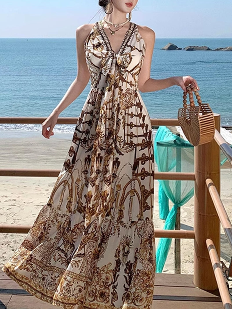 Elegant Baroque Print Bohemian Maxi Dress XC036