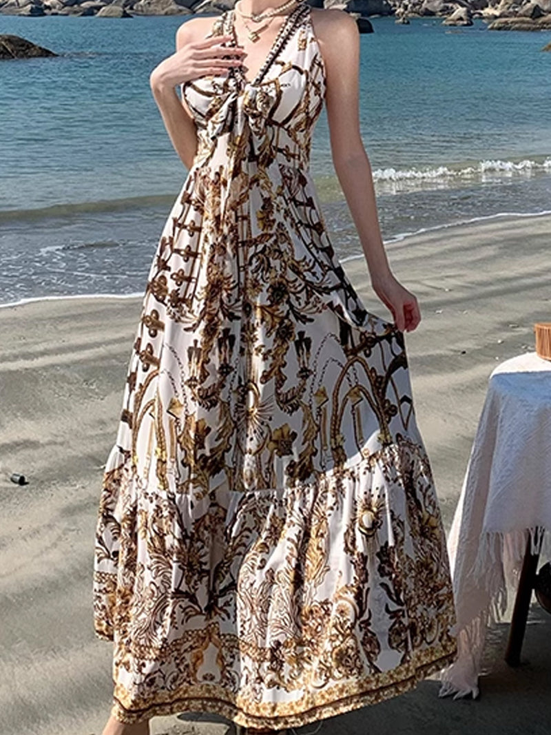 Elegant Baroque Print Bohemian Maxi Dress XC036