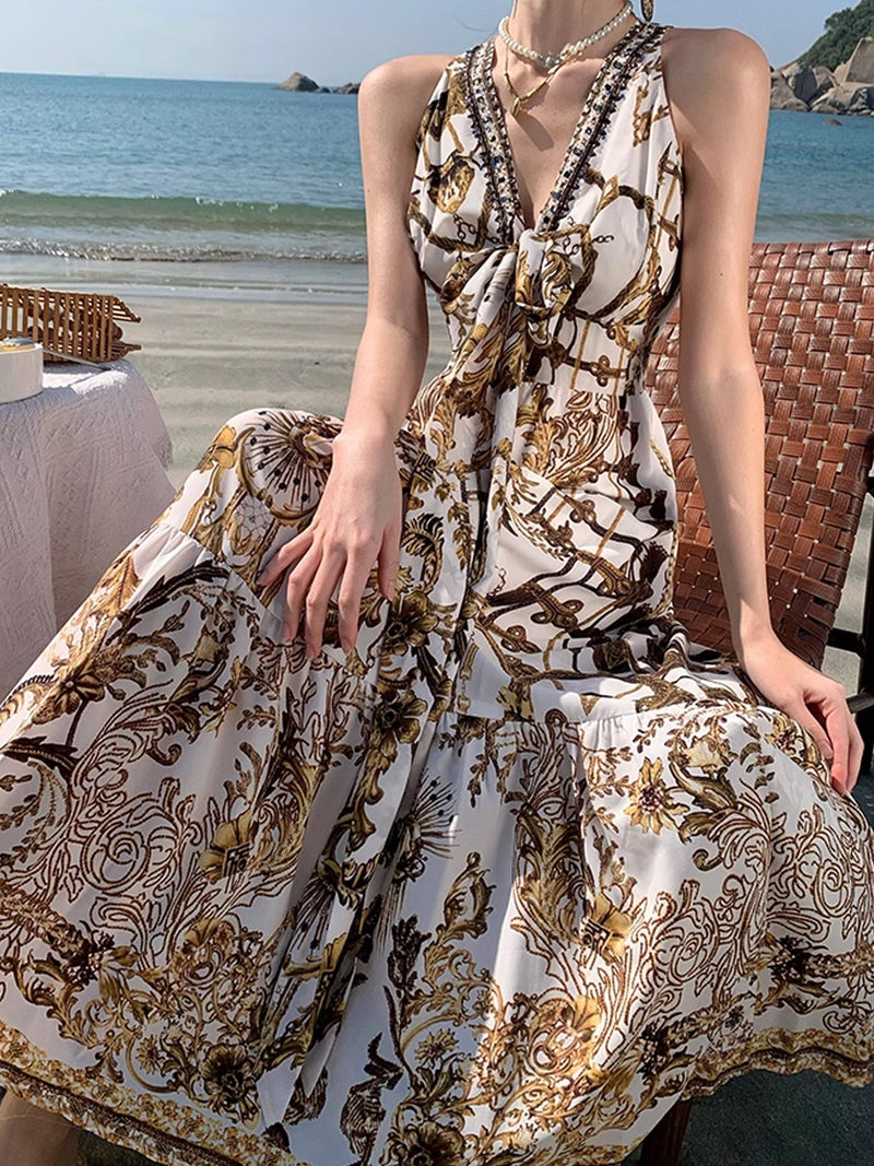 Elegant Baroque Print Bohemian Maxi Dress XC036