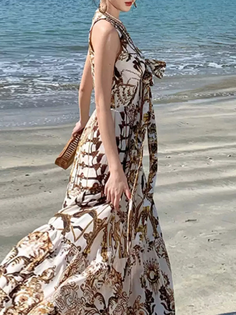 Elegant Baroque Print Bohemian Maxi Dress XC036
