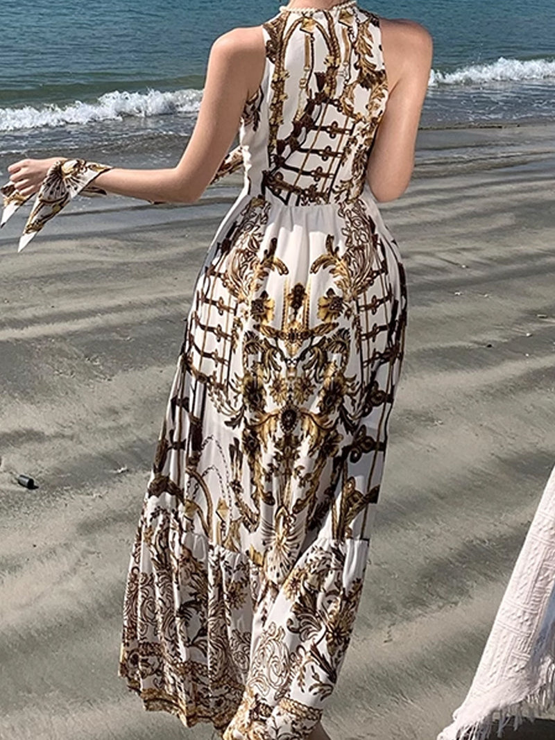 Elegant Baroque Print Bohemian Maxi Dress XC036