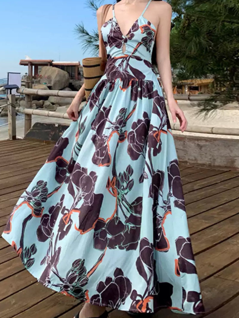 Bold Floral Print Sleeveless V Neck Bohemian Maxi Dress XC037