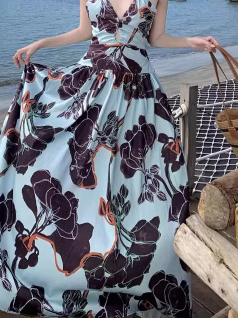 Bold Floral Print Sleeveless V Neck Bohemian Maxi Dress XC037