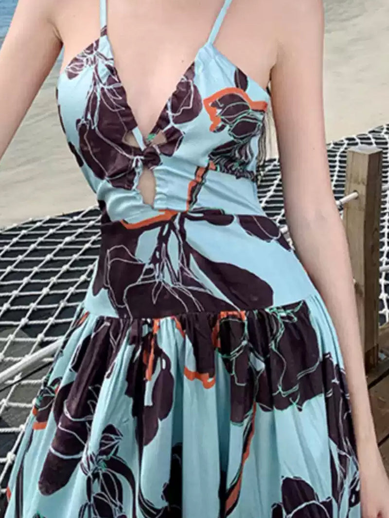 Bold Floral Print Sleeveless V Neck Bohemian Maxi Dress XC037