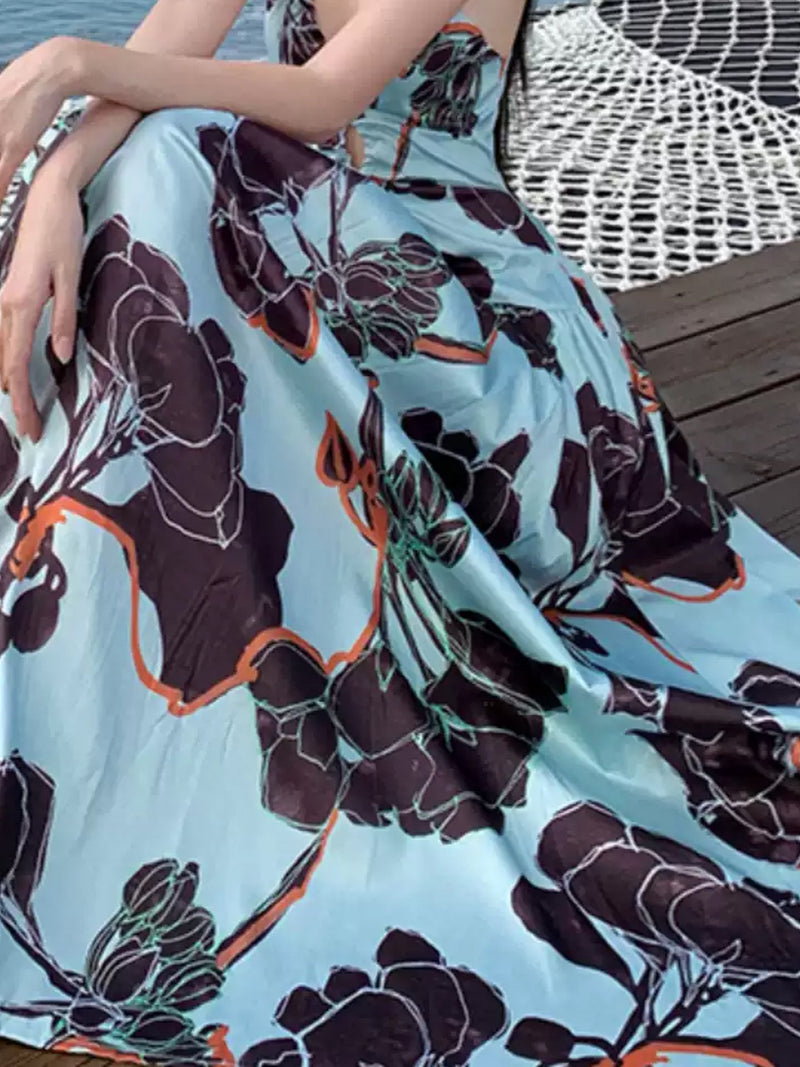 Bold Floral Print Sleeveless V Neck Bohemian Maxi Dress XC037