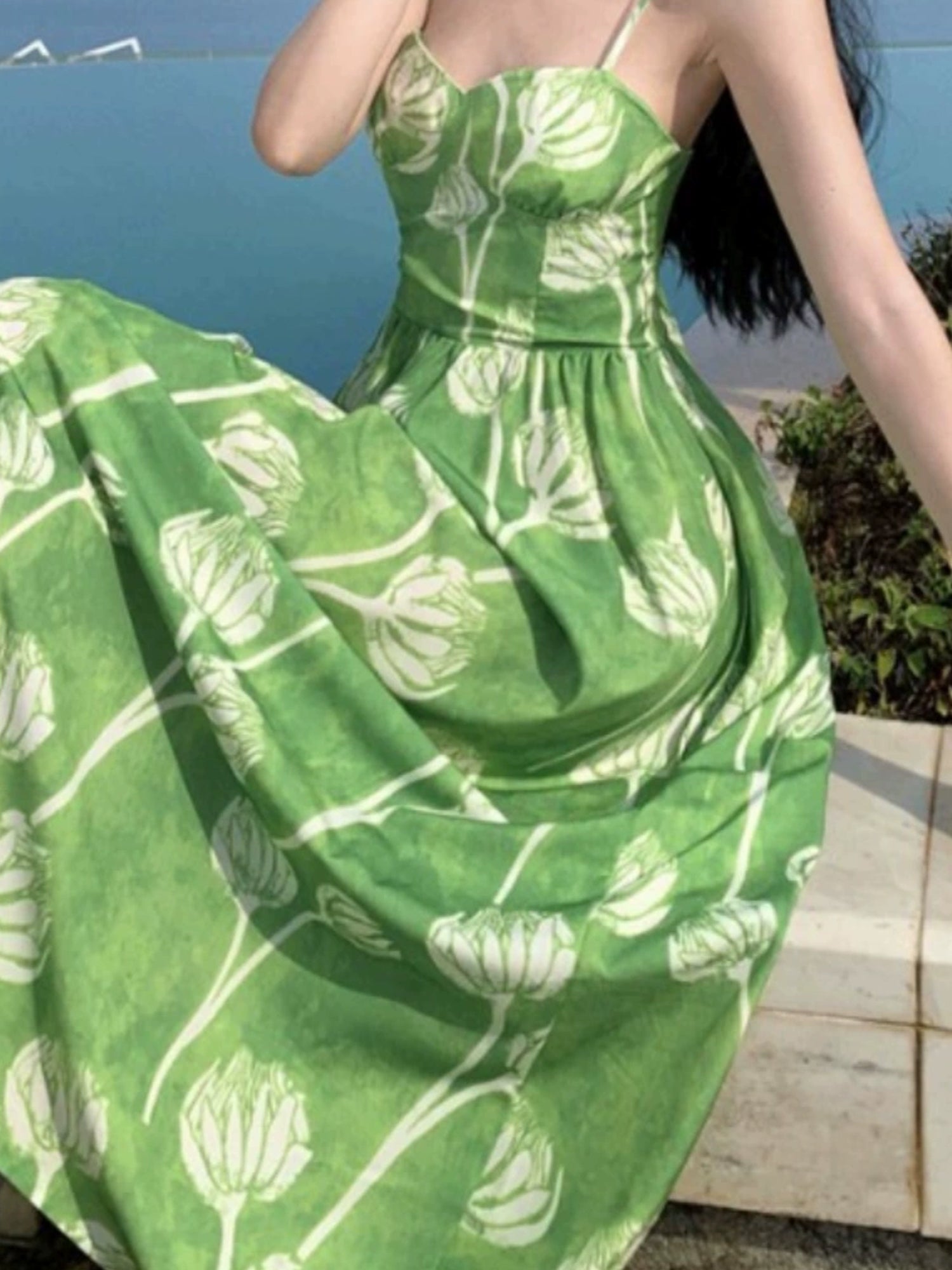 Green Floral Spaghetti Strap Bohemian Maxi Dress XC038