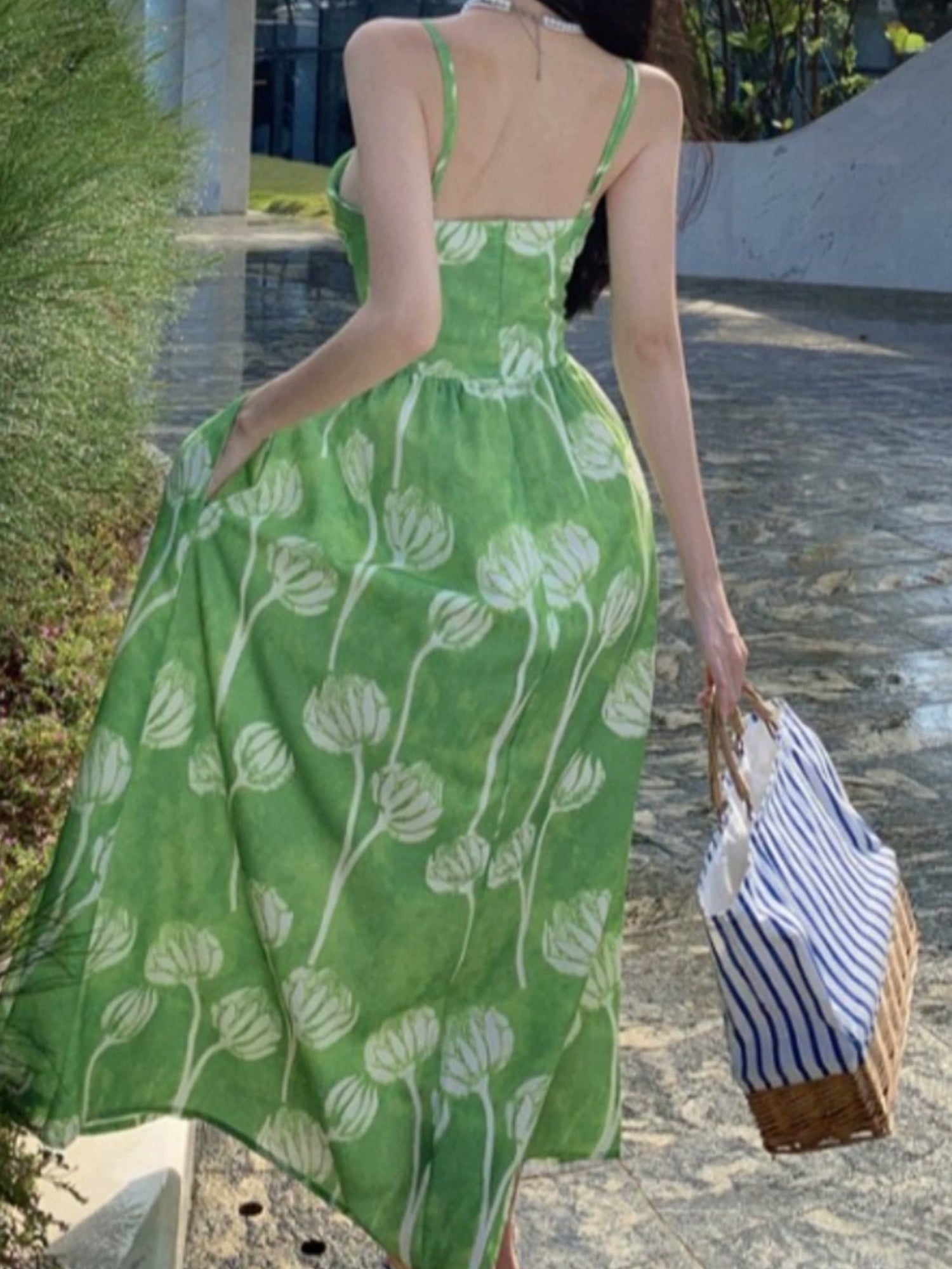 Green Floral Spaghetti Strap Bohemian Maxi Dress XC038