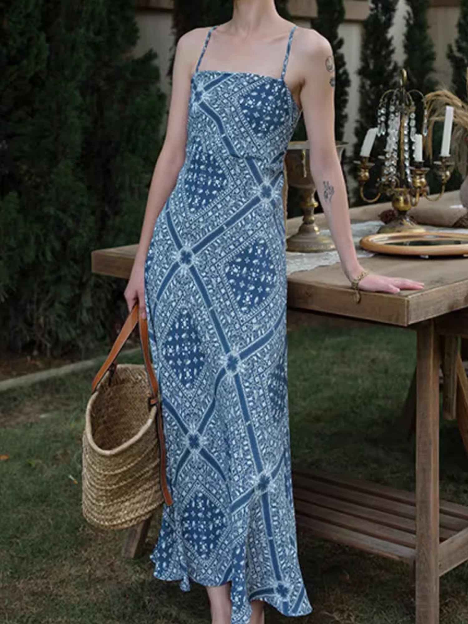 Boho Blue Printed Spaghetti Strap Sleeveless Maxi Dress XC039