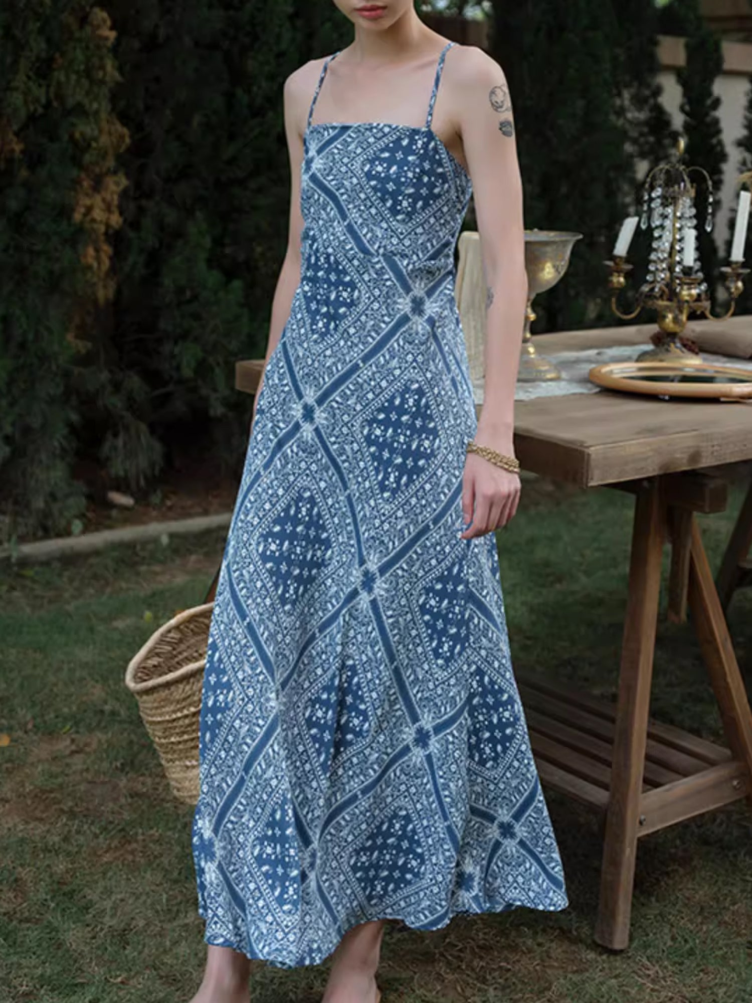 Boho Blue Printed Spaghetti Strap Sleeveless Maxi Dress XC039