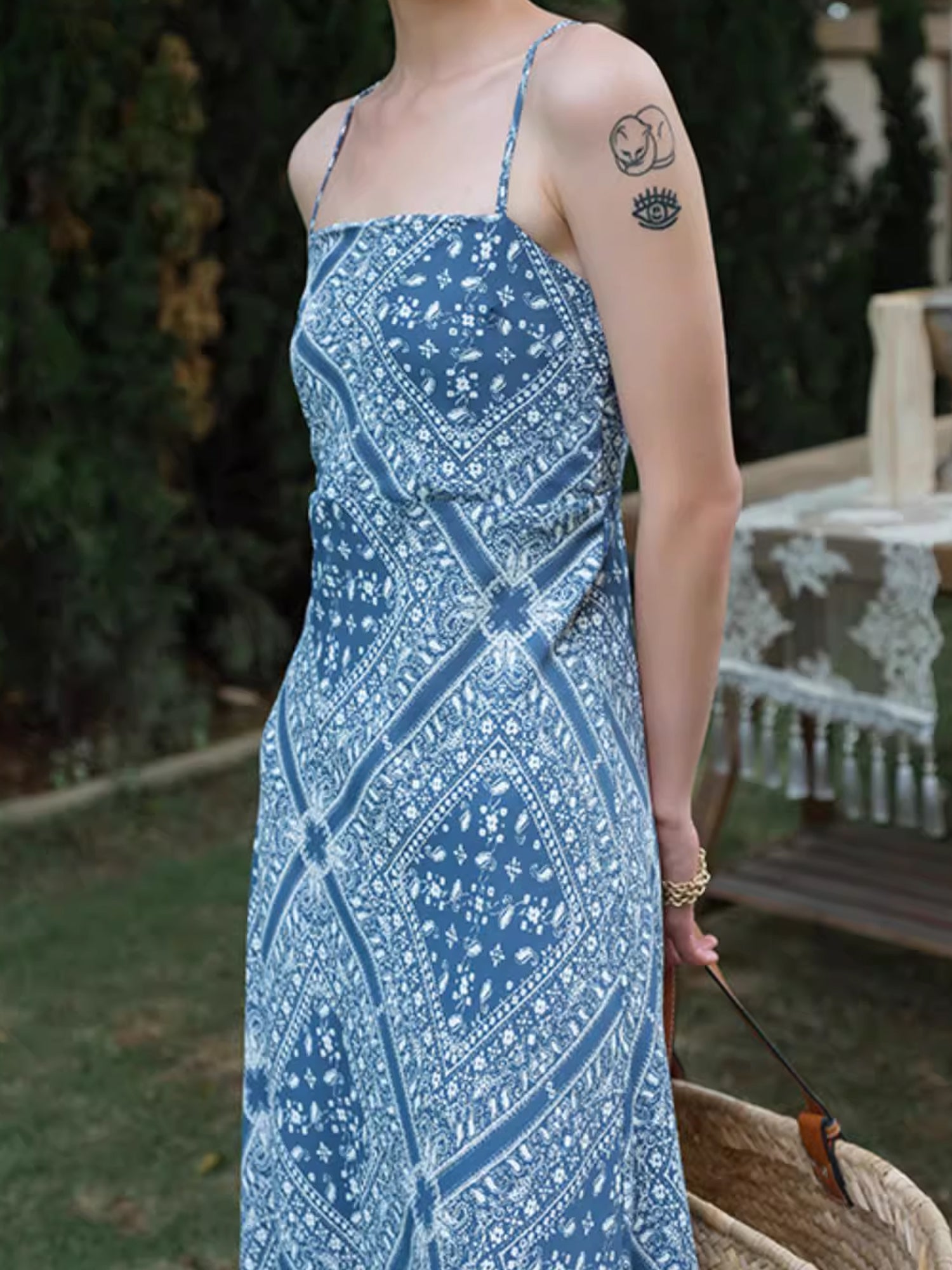 Boho Blue Printed Spaghetti Strap Sleeveless Maxi Dress XC039