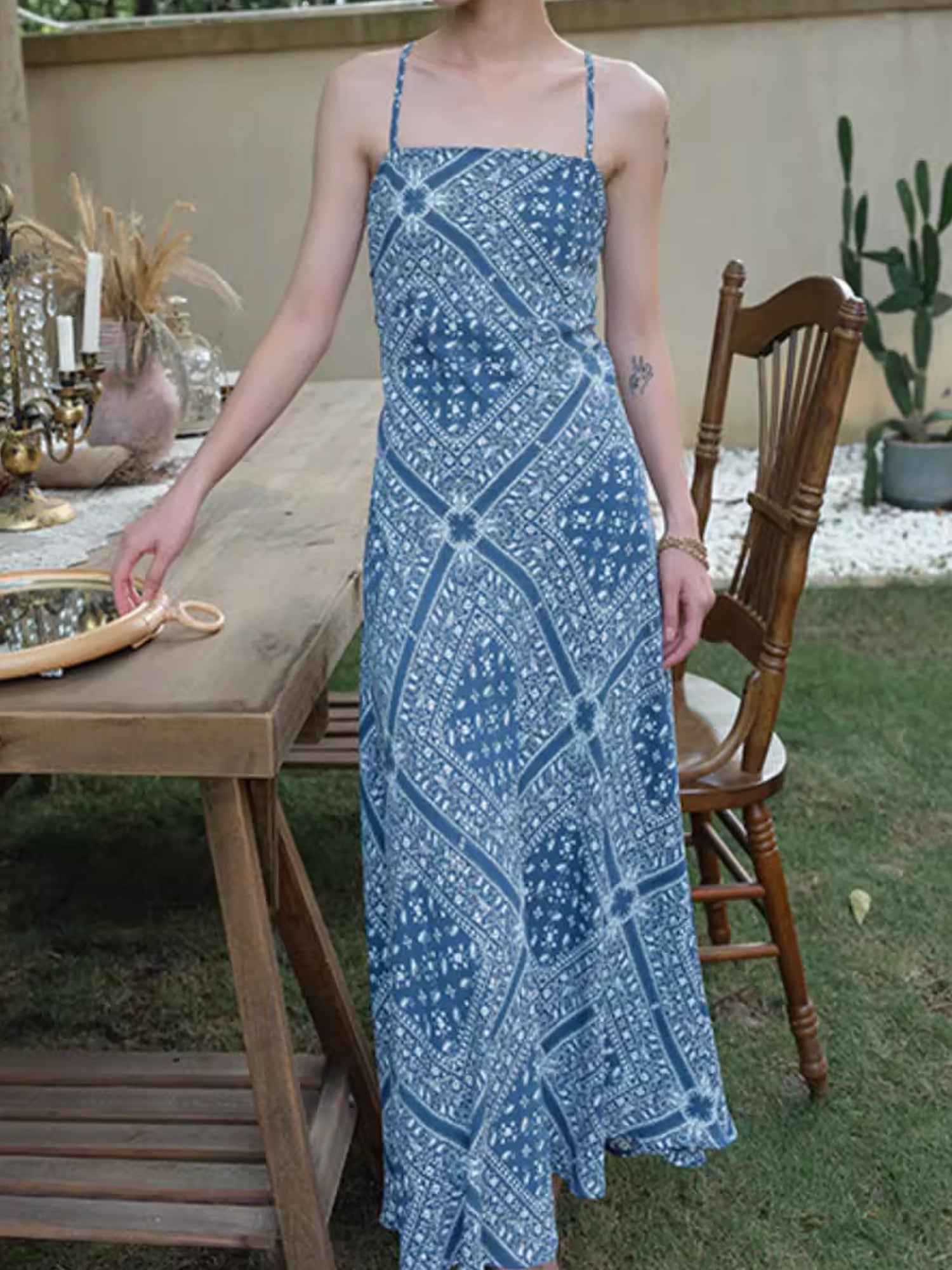 Boho Blue Printed Spaghetti Strap Sleeveless Maxi Dress XC039