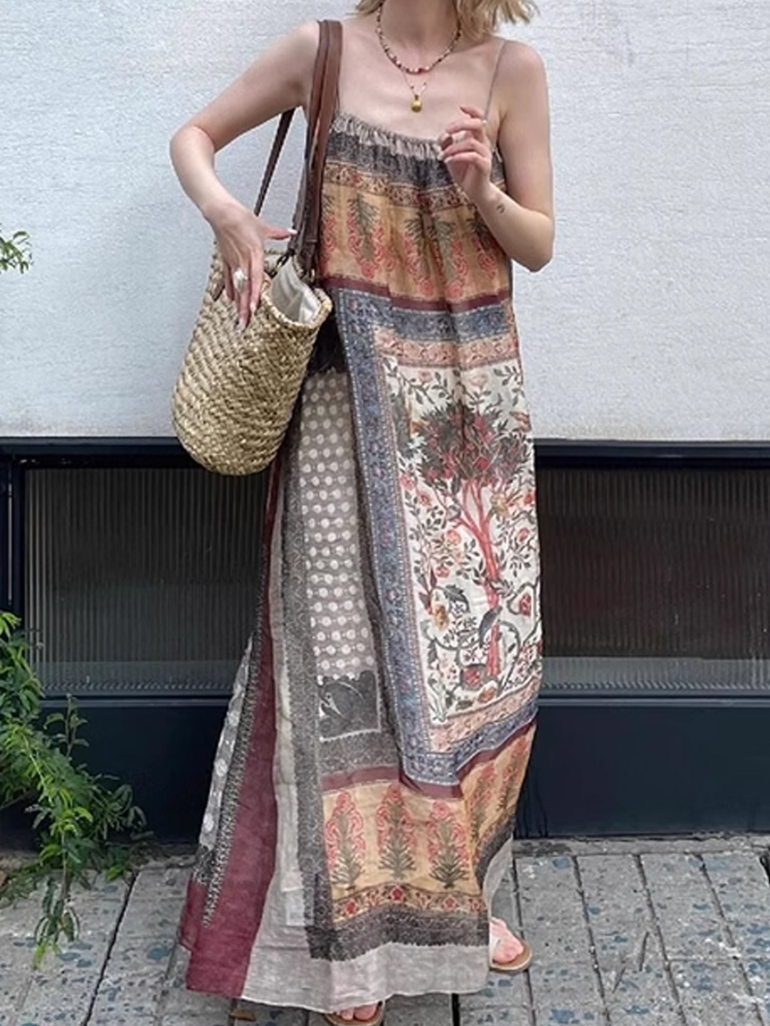 Vintage Floral Patchwork Maxi Dress - Boho Spaghetti Strap Sundress XC040