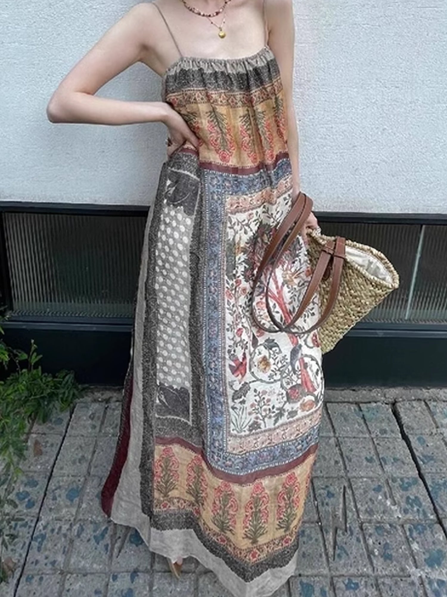 Vintage Floral Patchwork Maxi Dress - Boho Spaghetti Strap Sundress XC040