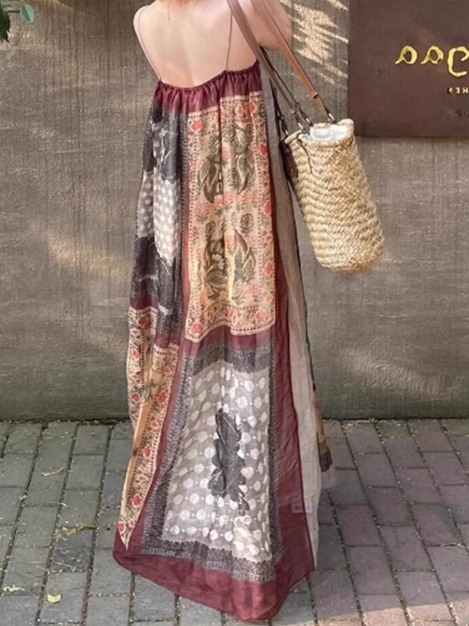 Vintage Floral Patchwork Maxi Dress - Boho Spaghetti Strap Sundress XC040