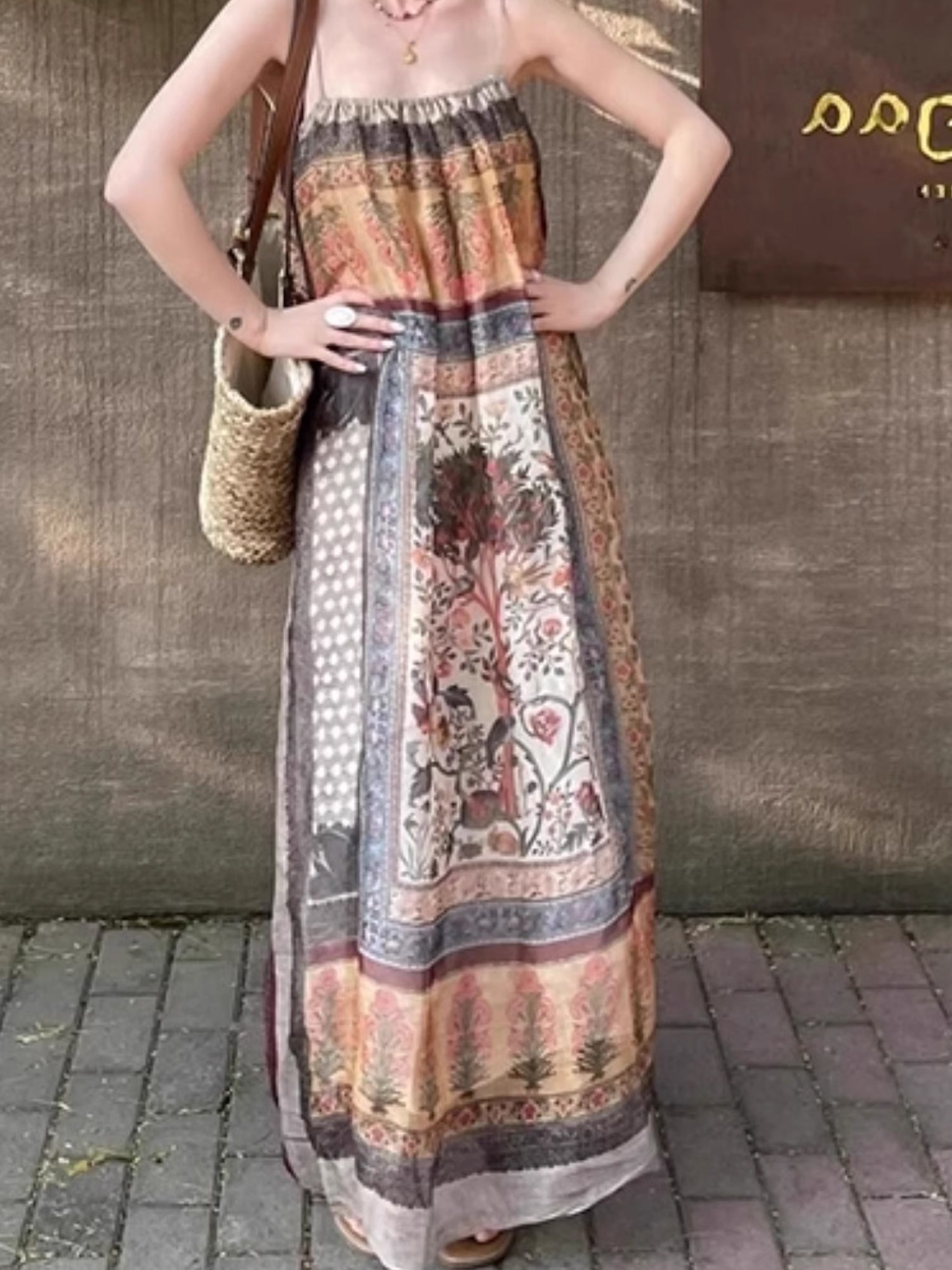 Vintage Floral Patchwork Maxi Dress - Boho Spaghetti Strap Sundress XC040