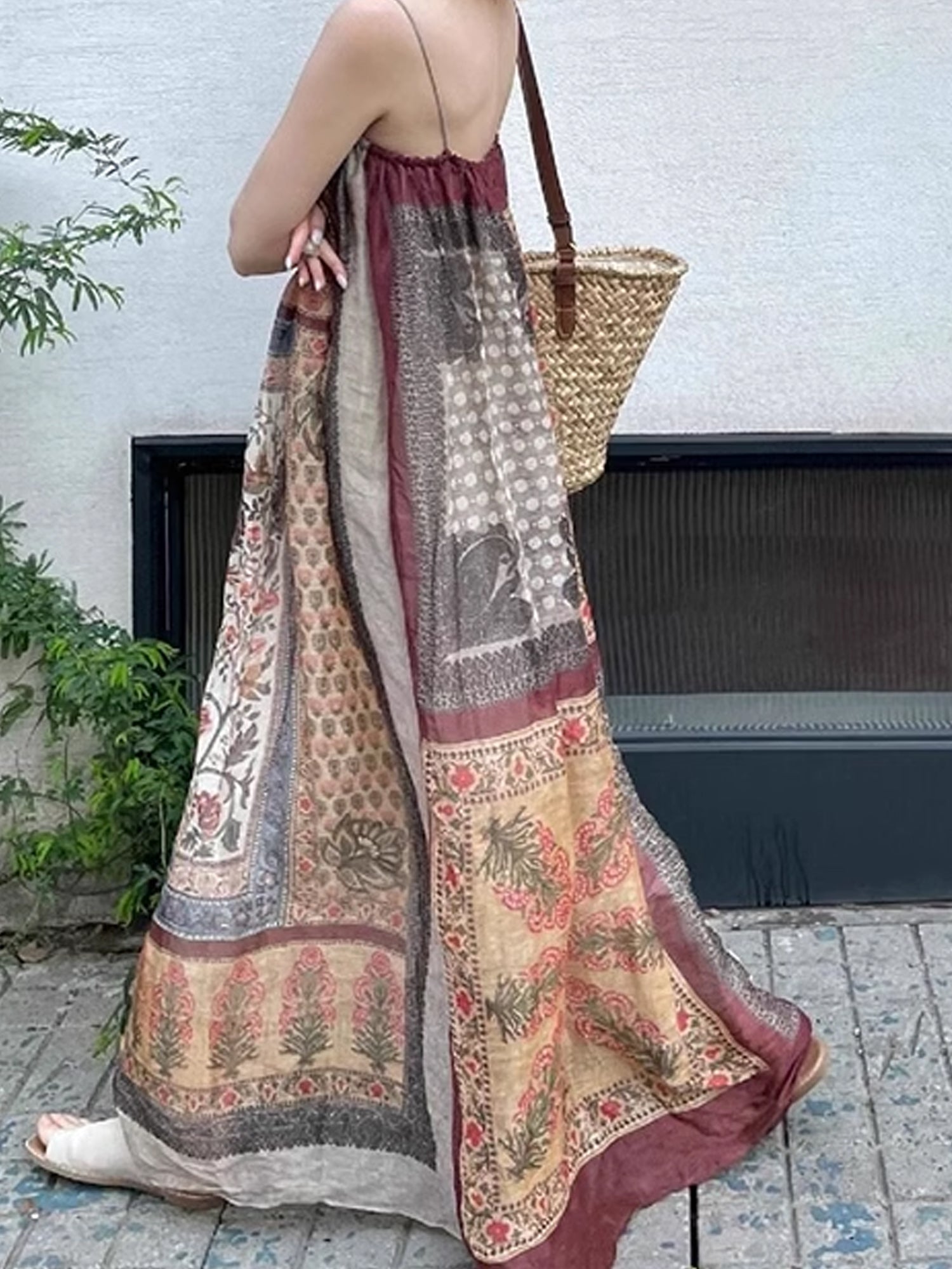 Vintage Floral Patchwork Maxi Dress - Boho Spaghetti Strap Sundress XC040