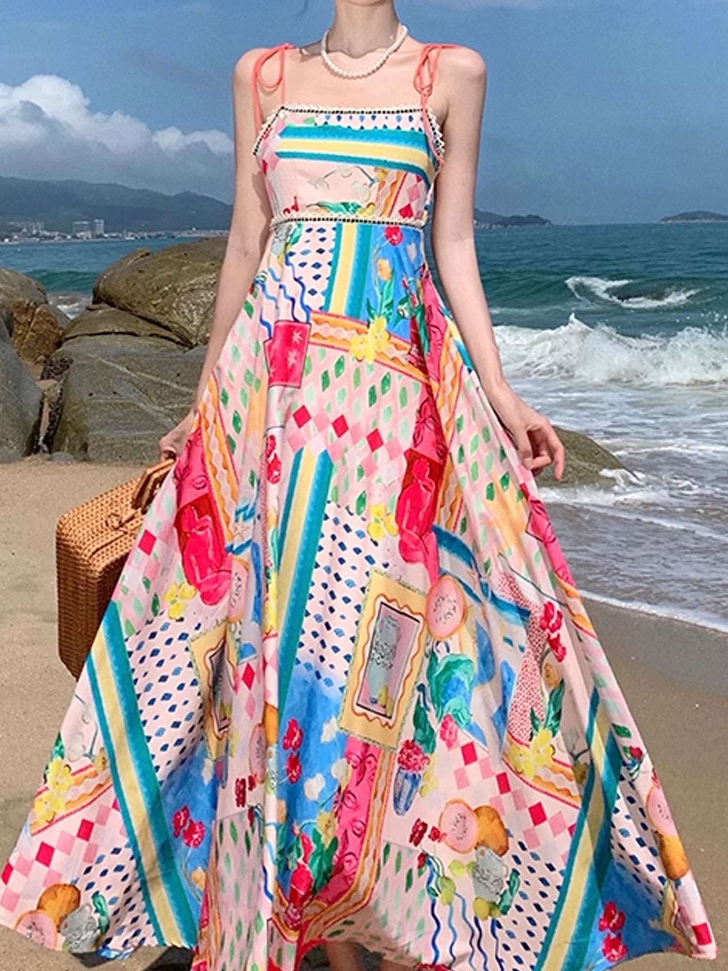 Oil Painting Print Spaghetti Strap Maxi Dress - Sleeveless Boho Sundress XC042