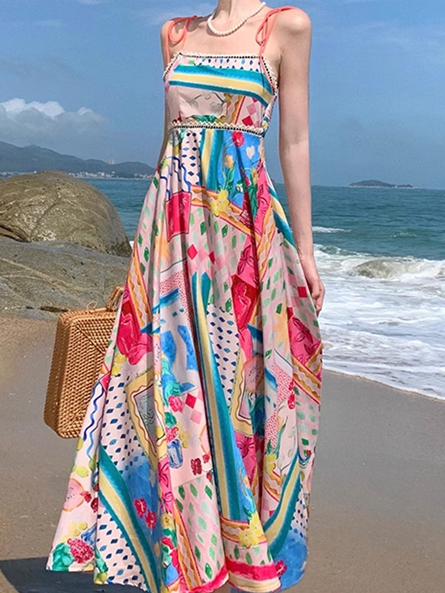 Oil Painting Print Spaghetti Strap Maxi Dress - Sleeveless Boho Sundress XC042